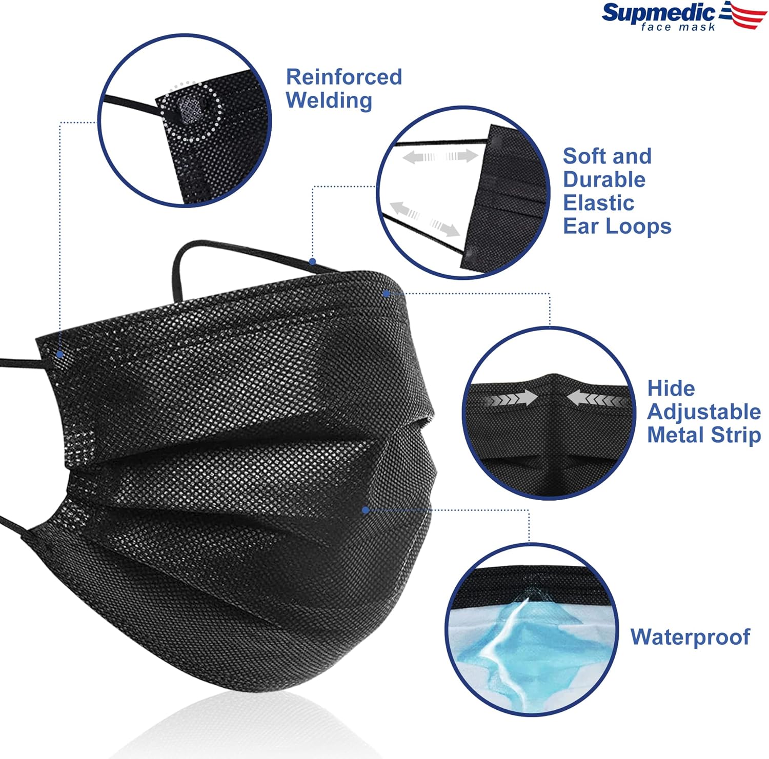 Cubrebocas desechables de 4 capas, transpirables, color negro, 50 unidades, 100 unidades (negro)