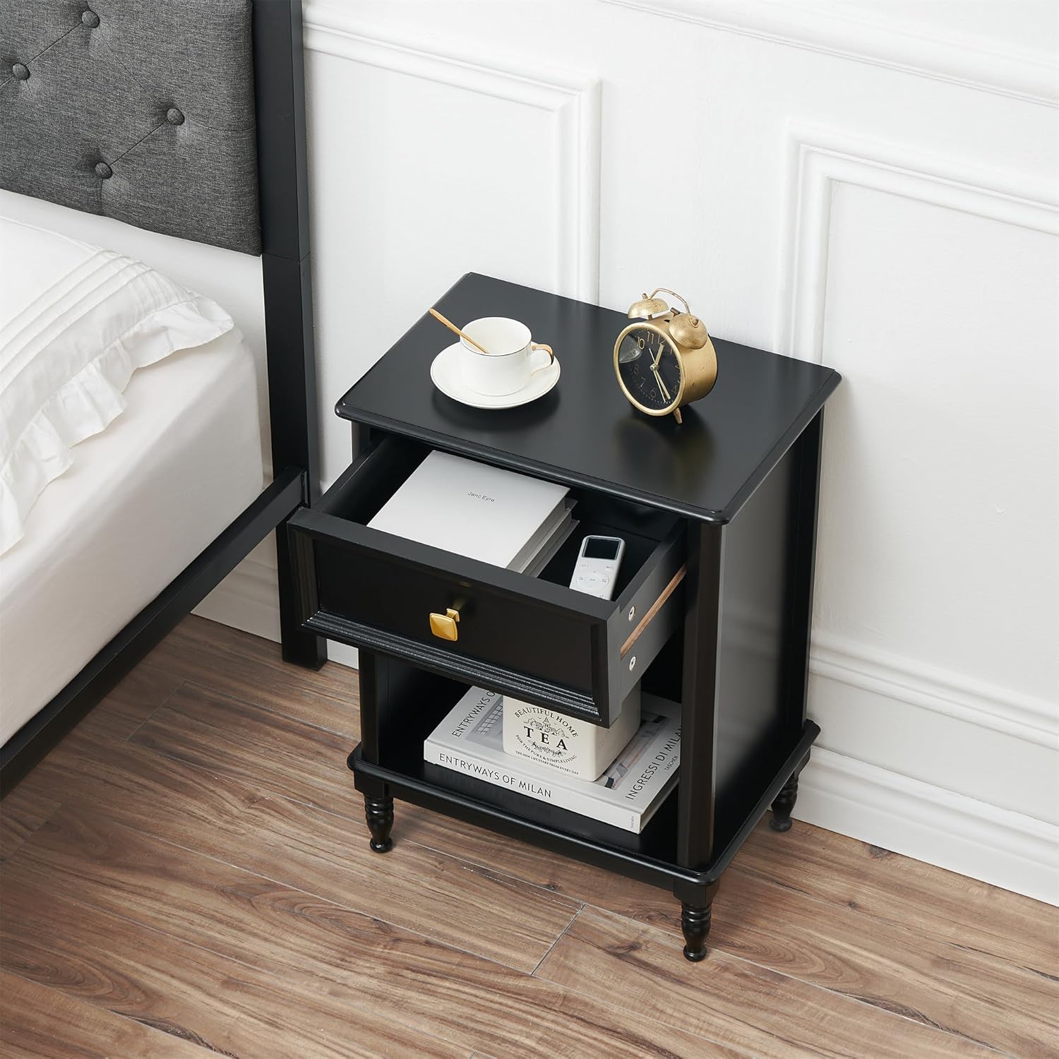 GAOMON Juego de 2 mesitas de noche, mesa auxiliar para dormitorio, oficina, guardería, sala de estar, mesa auxiliar de madera con cajón de