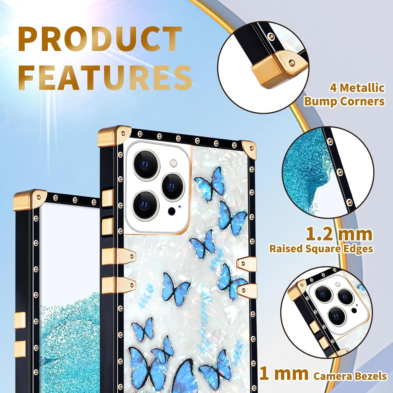 Loheckle Funda para iPhone 15 Pro Max para mujeres y adolescentes, diseño cuadrado a la moda, lindas fundas con soporte de anillo y cordón, elegante
