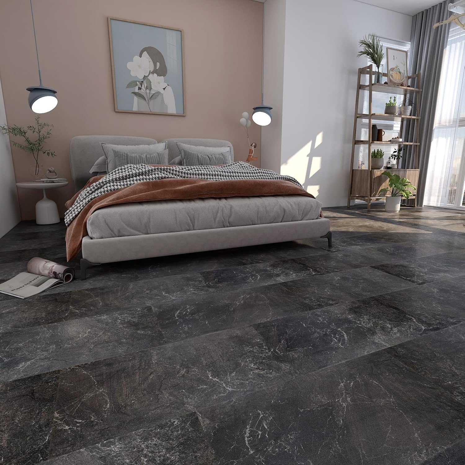 Yenhome Suelo de vinilo de mármol negro para despegar y pegar, impermeable, 12 x 24 pulgadas, vinilo para despegar y pegar para cocina, suelo de