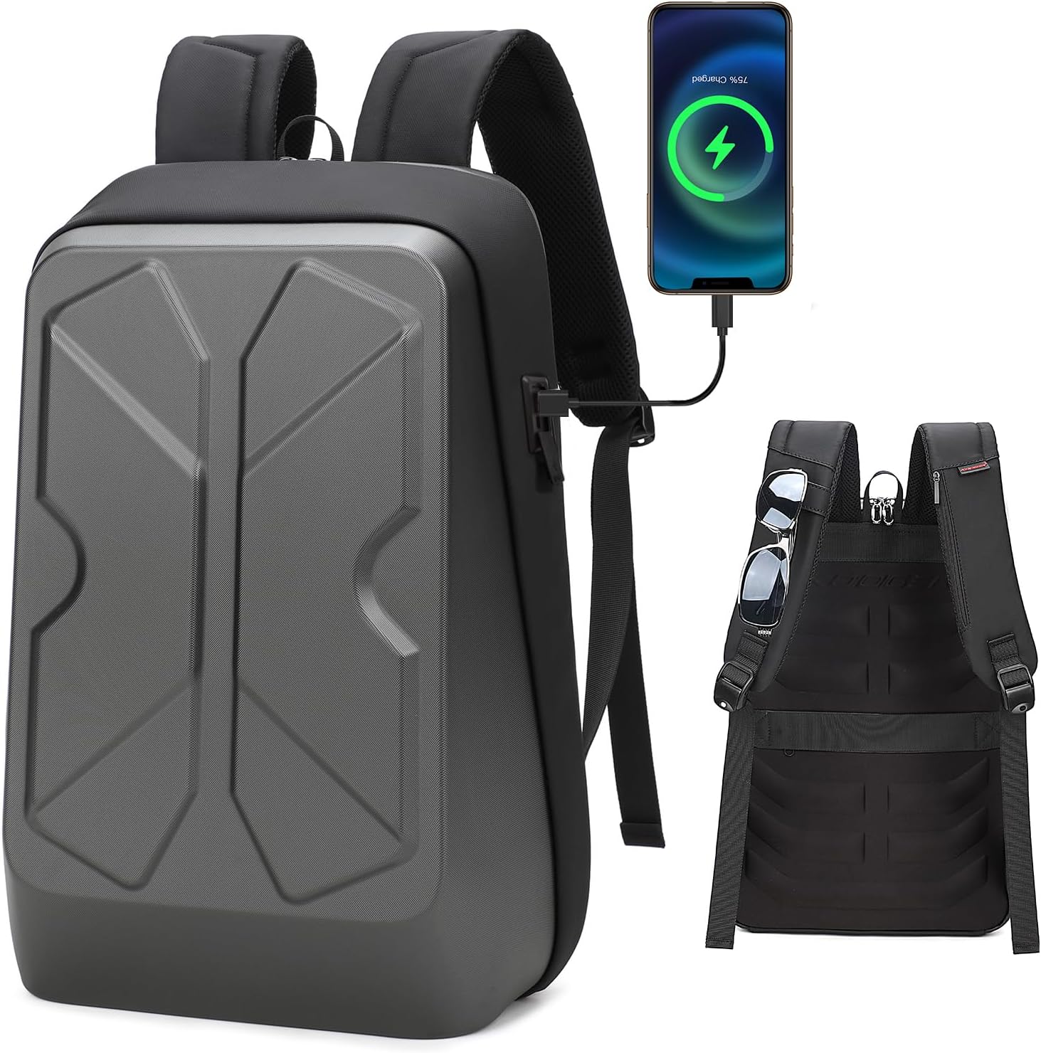 JUMO CYLY HardShell Mochila de viaje para laptop, mochila impermeable para juegos con puerto de carga USB, mochila delgada para negocios para hombre