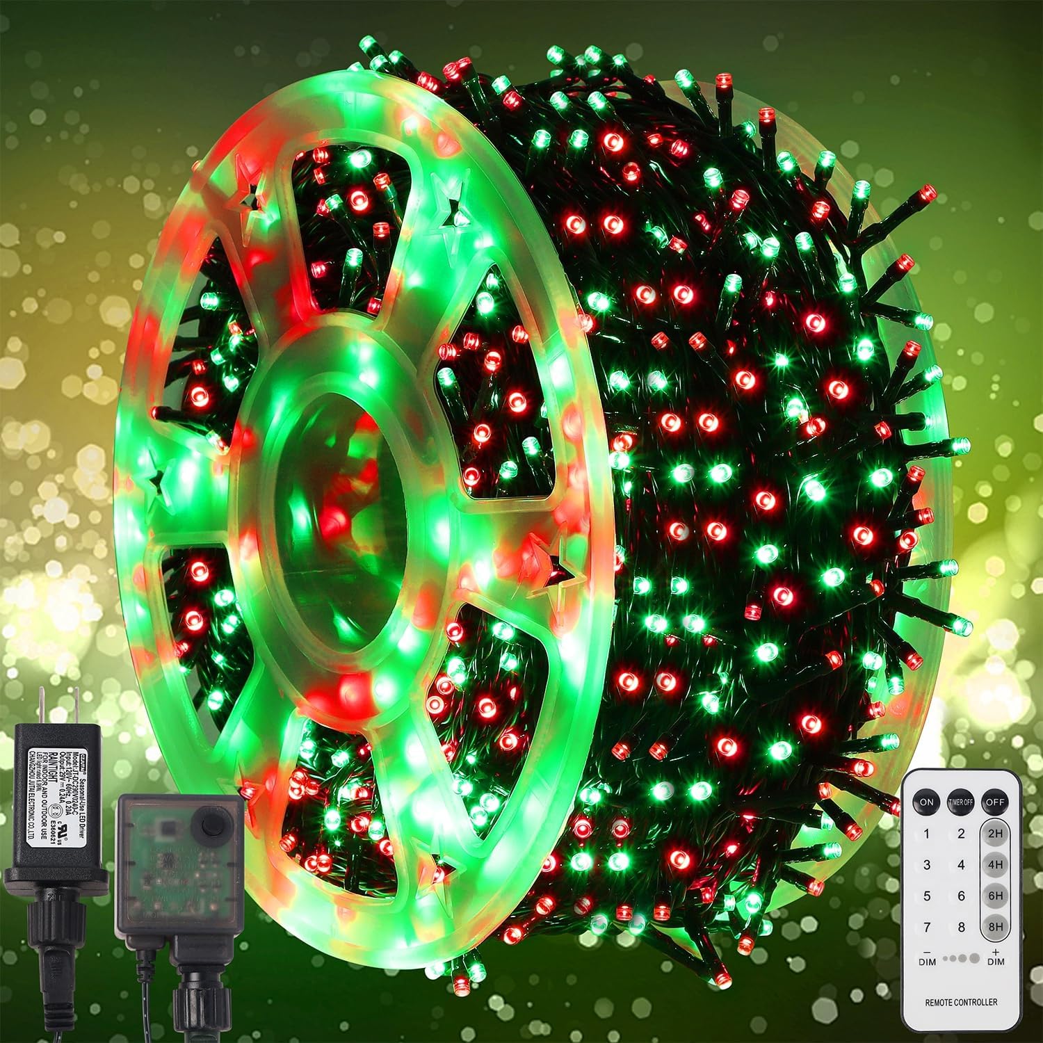 WATERGLIDE Guirnalda de 1000 luces LED de Navidad, 328 pies de cable verde luces LED decorativas con control remoto y 8 modos, resistente al agua