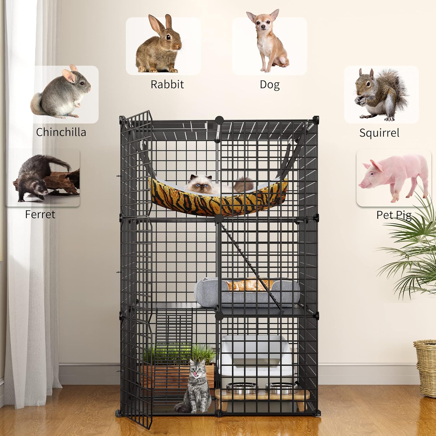 YITAHOME Jaula para gatos de interior Catio DIY para gatos, corralito de metal para gatos de 3 niveles, jaula para mascotas con hamaca extra grande
