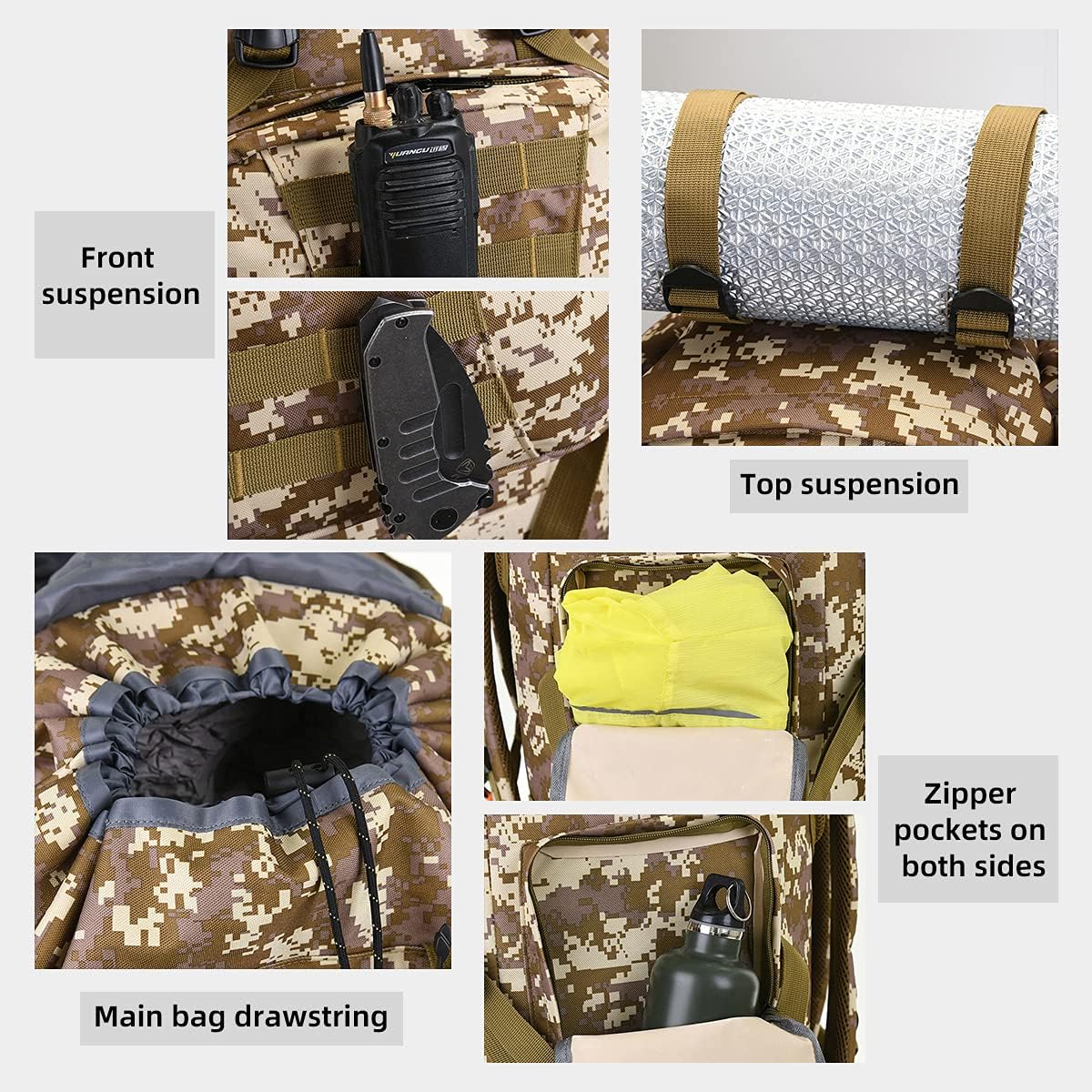 Mochila Molle para acampar de 100 litros, mochila militar para mochileros, Caqui-b, M, Mochila de senderismo