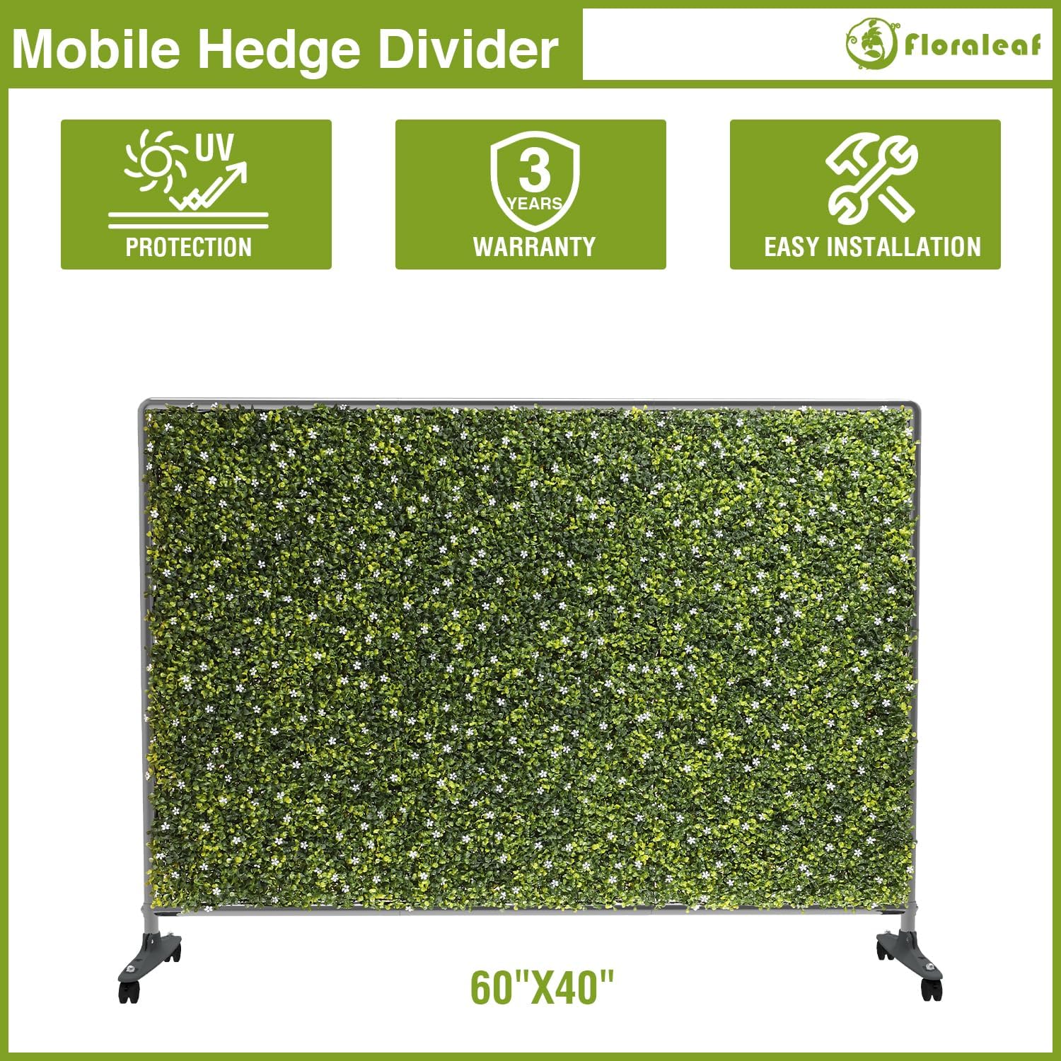 Seto de plantas artificiales de 60 pulgadas de ancho x 40 pulgadas de alto, divisor de habitación con ruedas, panel de valla de privacidad movible,