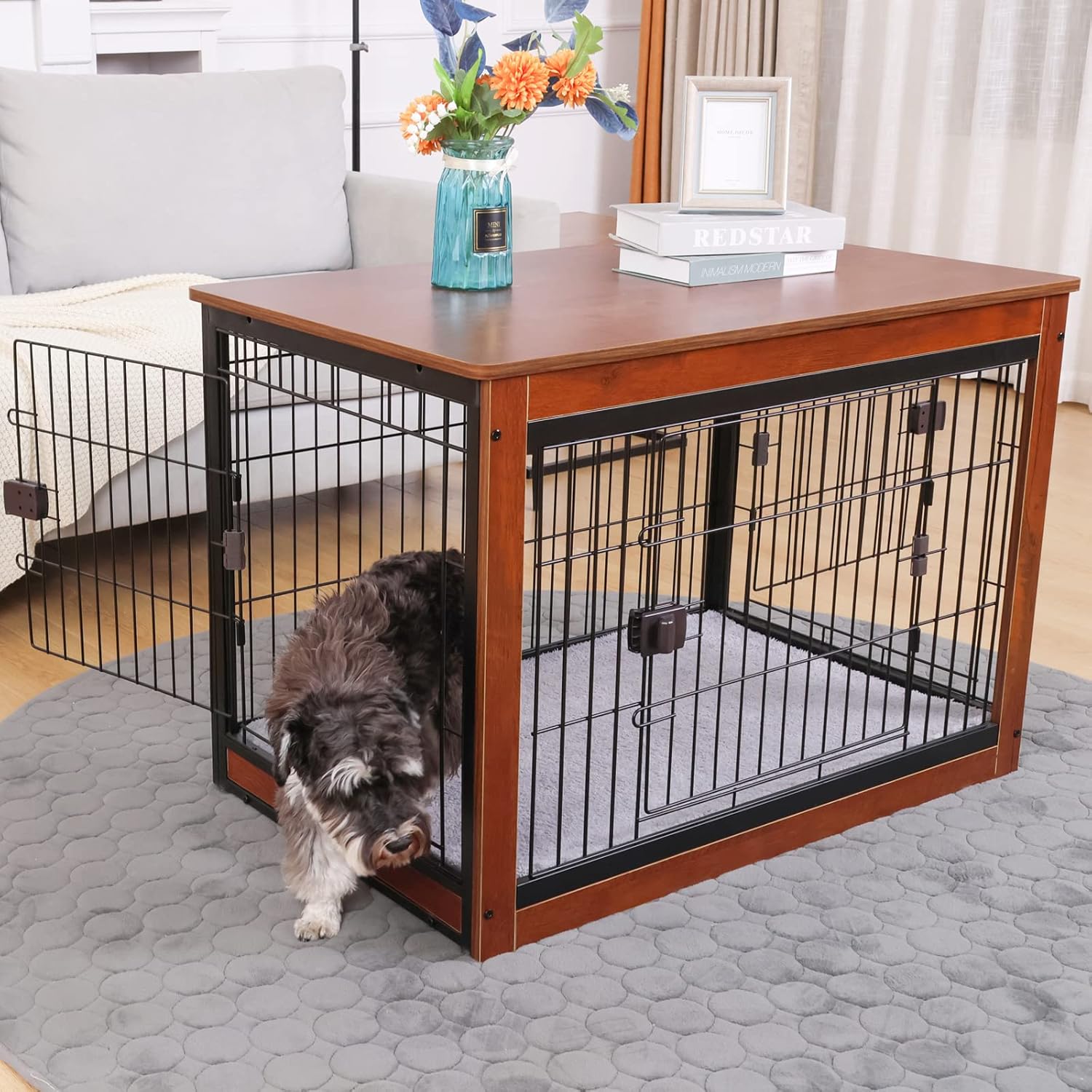 RYpetmia Muebles estilo jaula para perros para mascotas pequeñas y medianas, mesa de jaula de madera para perros, resistente y puertas de tres