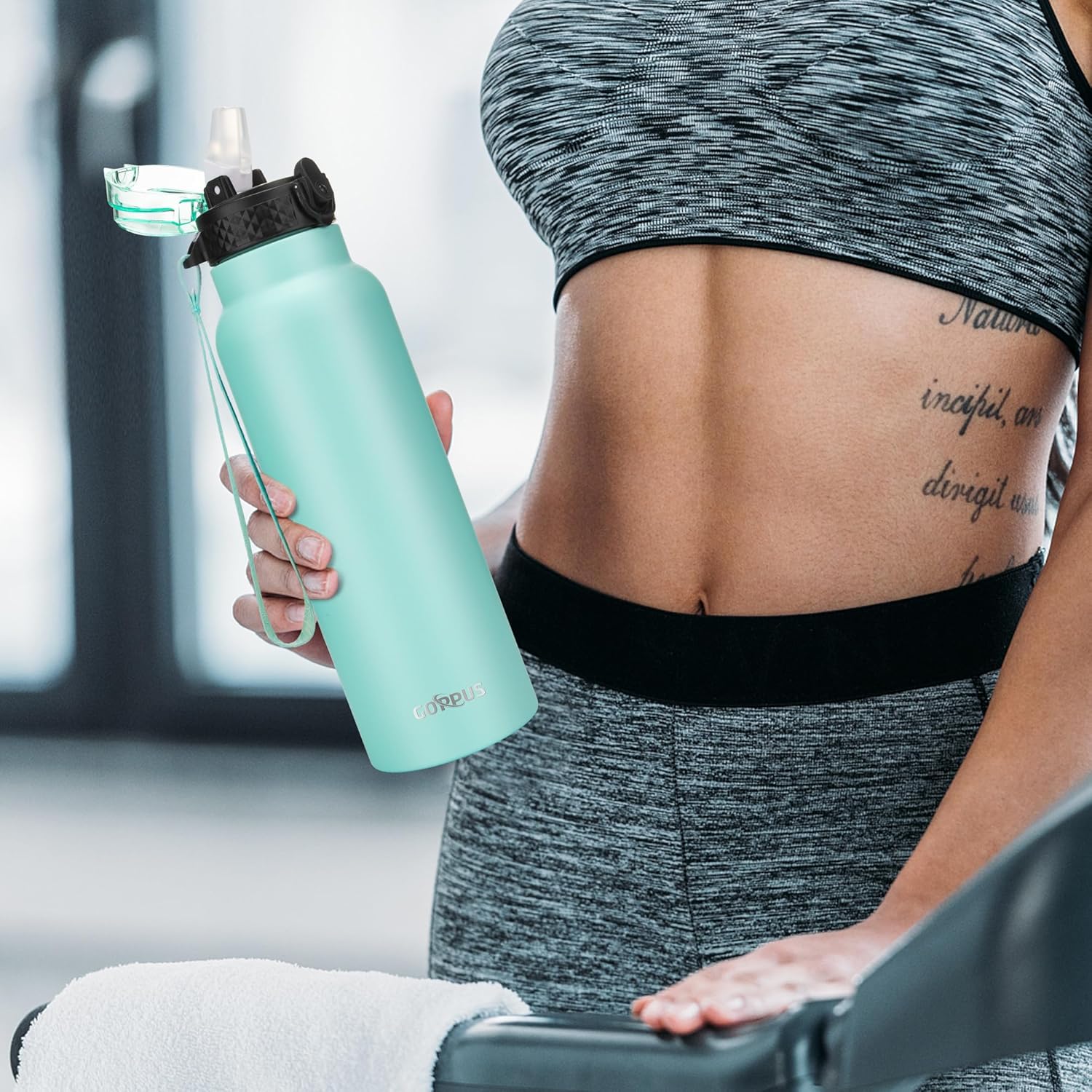 GOPPUS Botella de agua aislada al vacío de doble pared de 24 onzas con pajilla, taza de agua deportiva de acero inoxidable, a prueba de fugas, boca