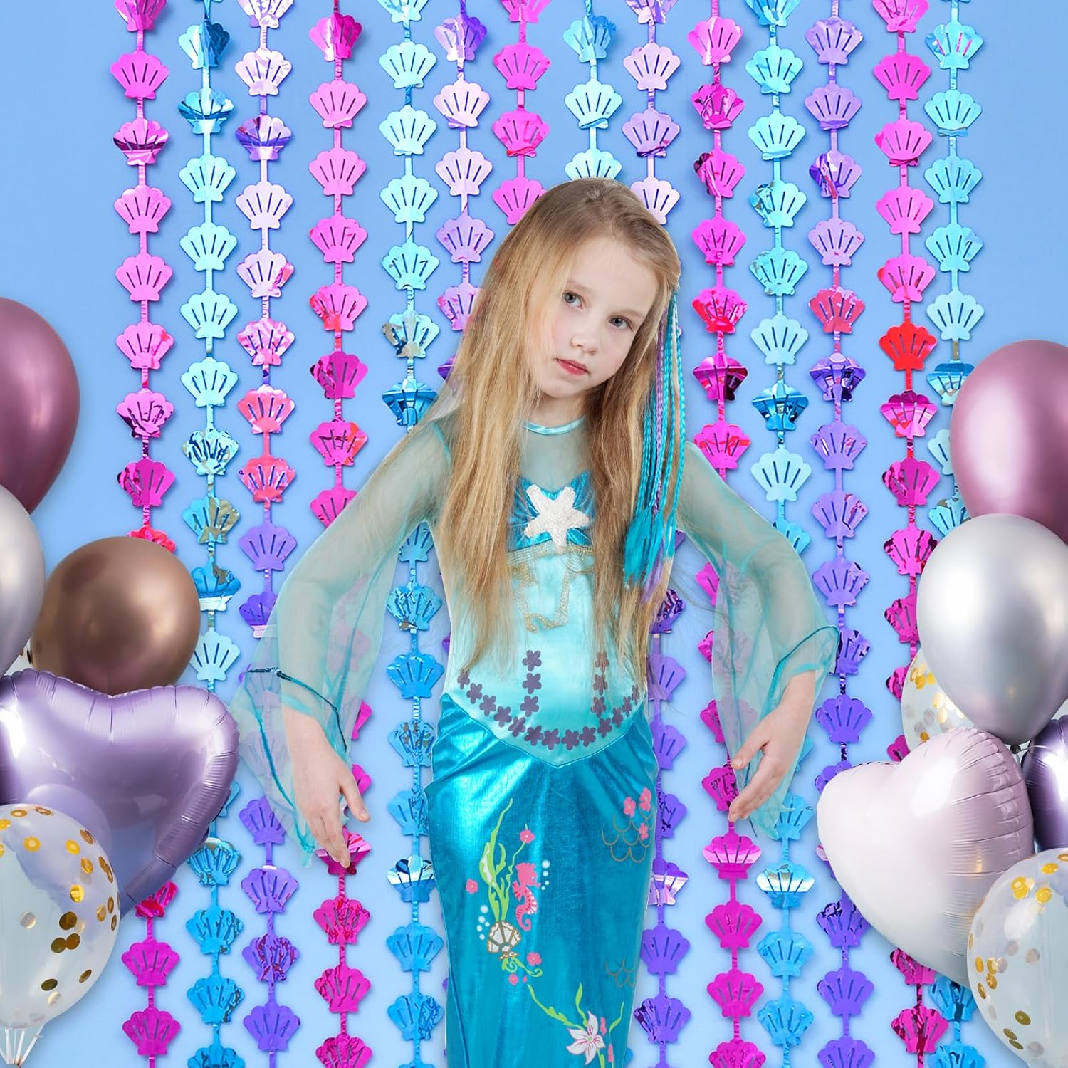 Cortinas de flecos de aluminio con temática de sirena, decoraciones de cumpleaños de sirena, 2 paquetes de 3.3 x 6.6 pies, color azul, morado y