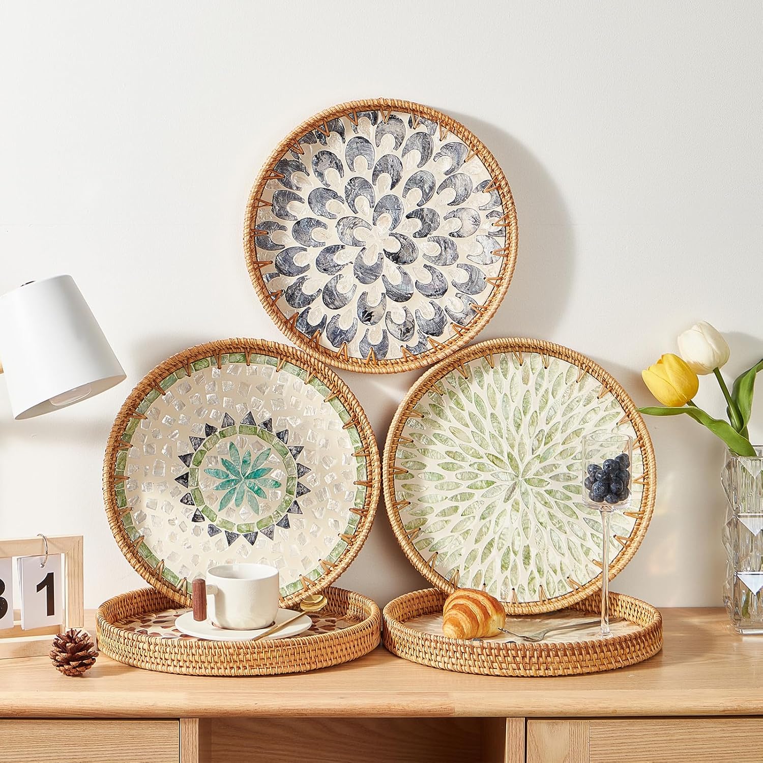 Round Rattan Tray with Mother of Pearl Inlay, Rattan Serving Tray with Wooden Base, Decorative Wicker Basket for Table Decor, Storage and Display of