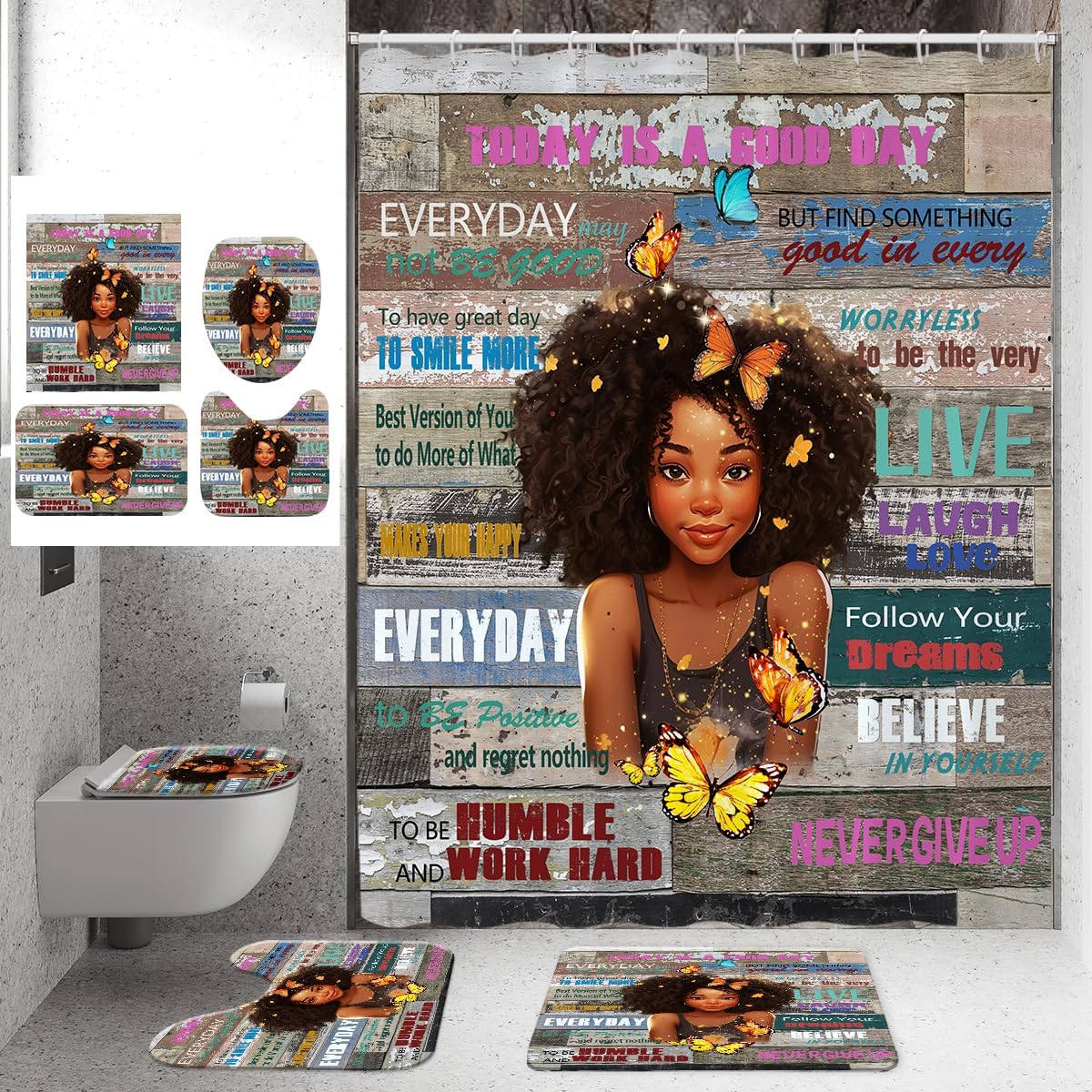 Juego de cortinas de ducha para niña afroamericana, citas motivacionales, citas inspiradoras de mariposas, 4 piezas, cubierta de tapa de inodoro,