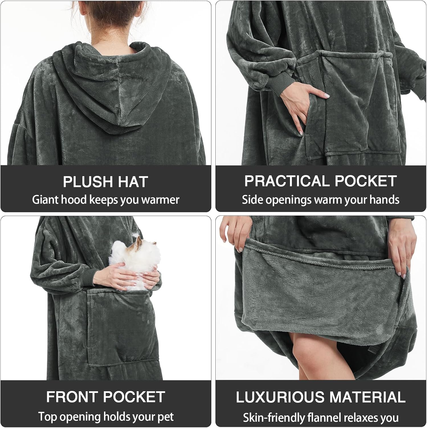 Aemilas Manta con capucha  Cálida sudadera de manta Sherpa como regalo para mujeres adultas, mamá, hombres, talla única, E- Gris OscuroLargo