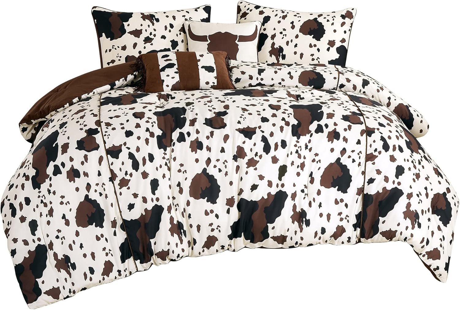 Linen Mart Juego de edredón rústico de 5 piezas de cuero de vaca, negro, blanco, marrón, cuerno de vaca, calavera, casa de campo, estilo occidental