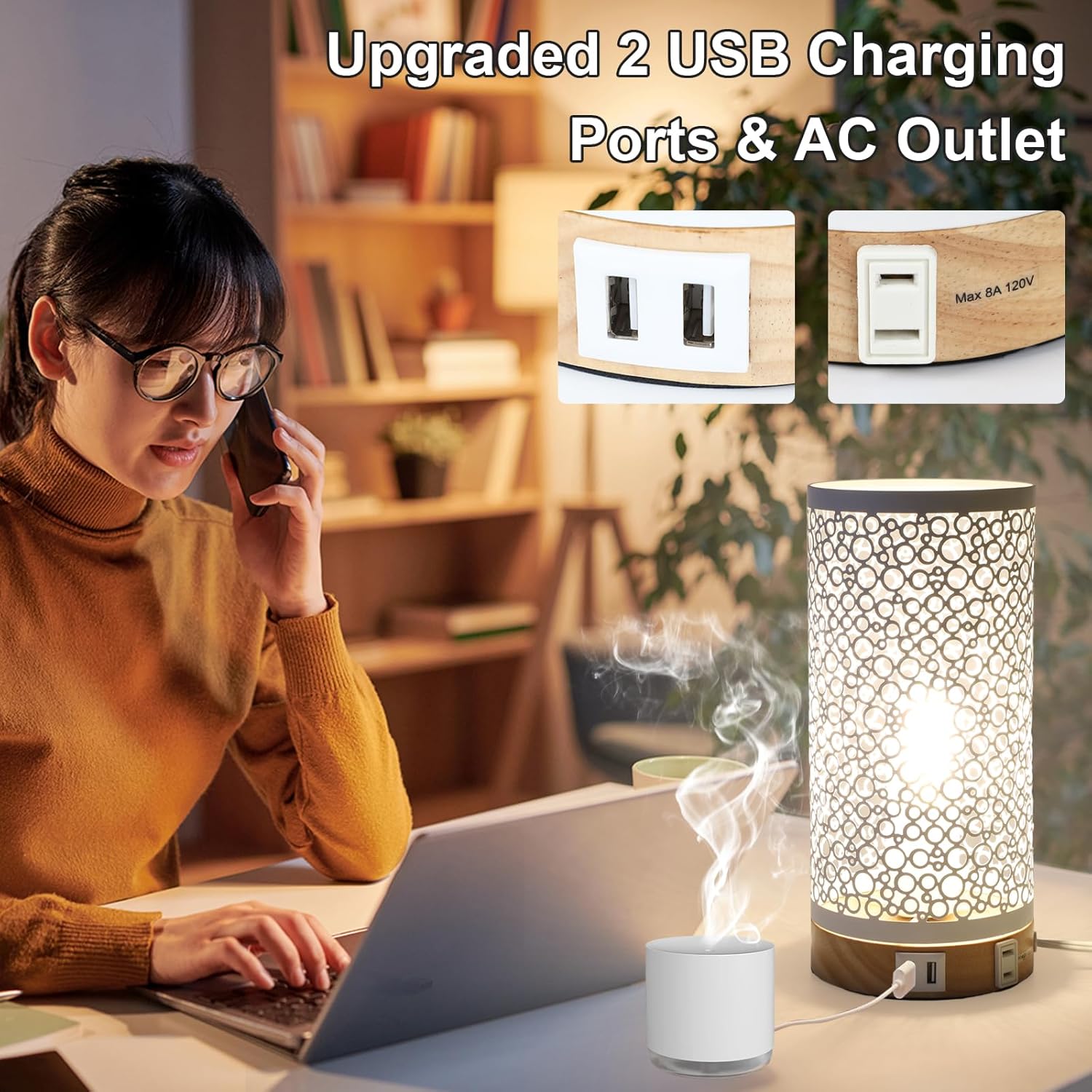 Juego de 2 lámparas de mesa con control táctil, lámparas de mesita de noche regulables con puerto USB y salidas de CA, lámparas industriales de