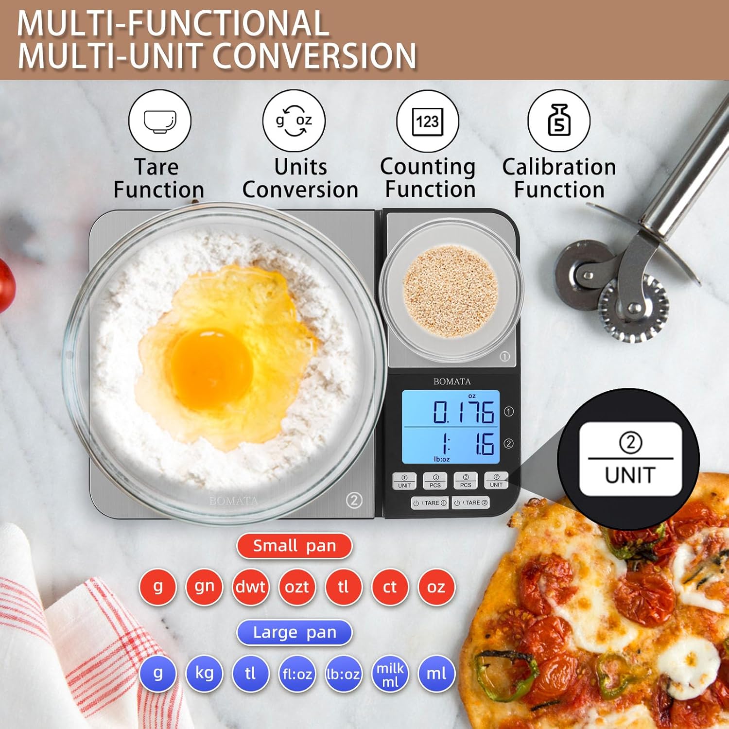 BOMATA Báscula digital de cocina de doble plataforma con dos precisiones de 0.00 oz y 0.01 g0.001 oz, capacidad máxima 11 lb5 kg, función de tara,