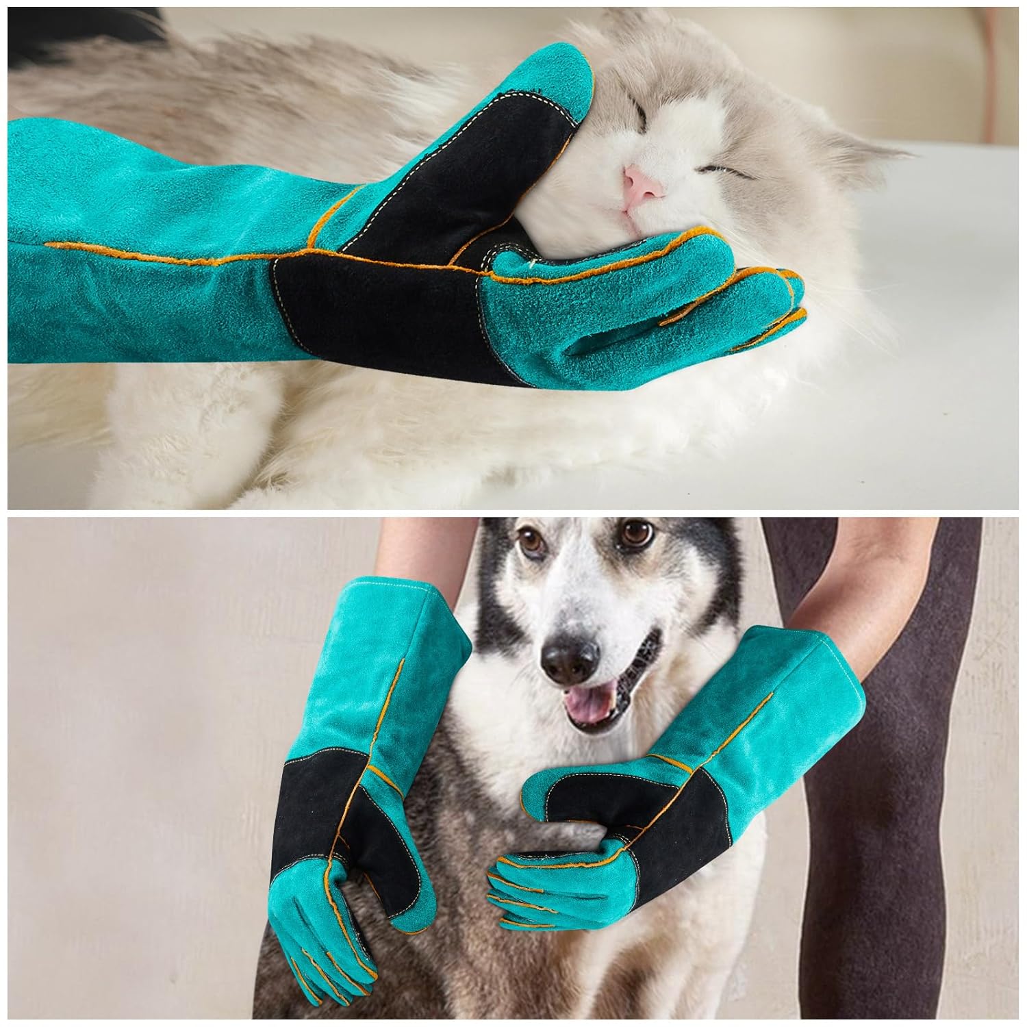 Guantes de manipulación de animales, a prueba de mordeduras, doble acolchado reforzado de cuero para perro, gato y gato, manejo de pájaros, guantes