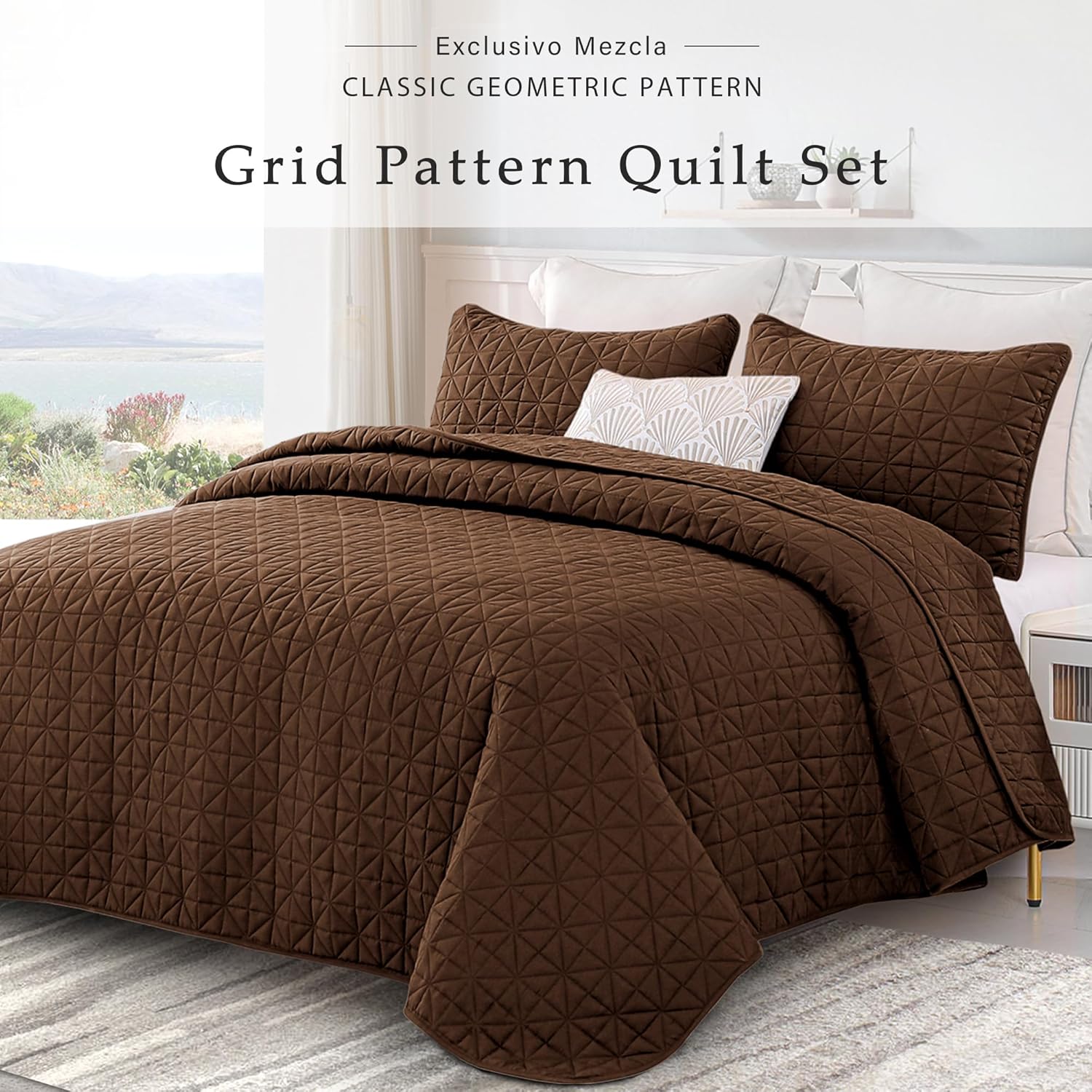Exclusivo Mezcla Juego de ropa de cama tamaño King con patrón de cuadrícula cosida, cubrecama ligero de verano marrón para todas las estaciones (1