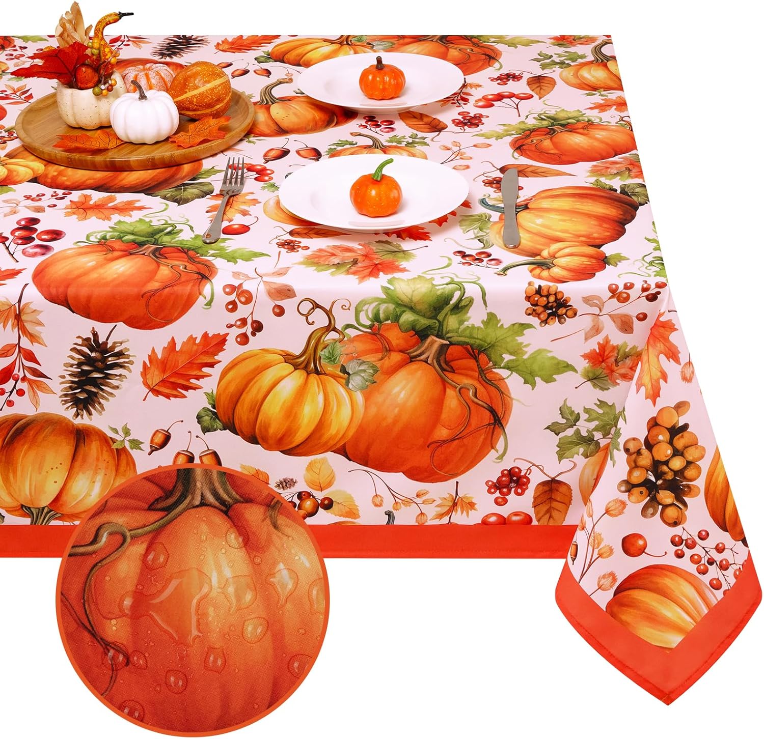 Mantel de otoño, mantel de Acción de Gracias con hojas de arce y calabaza, bellotas y bayas, piñas, mantel impermeable para otoño, cosecha, fiesta,