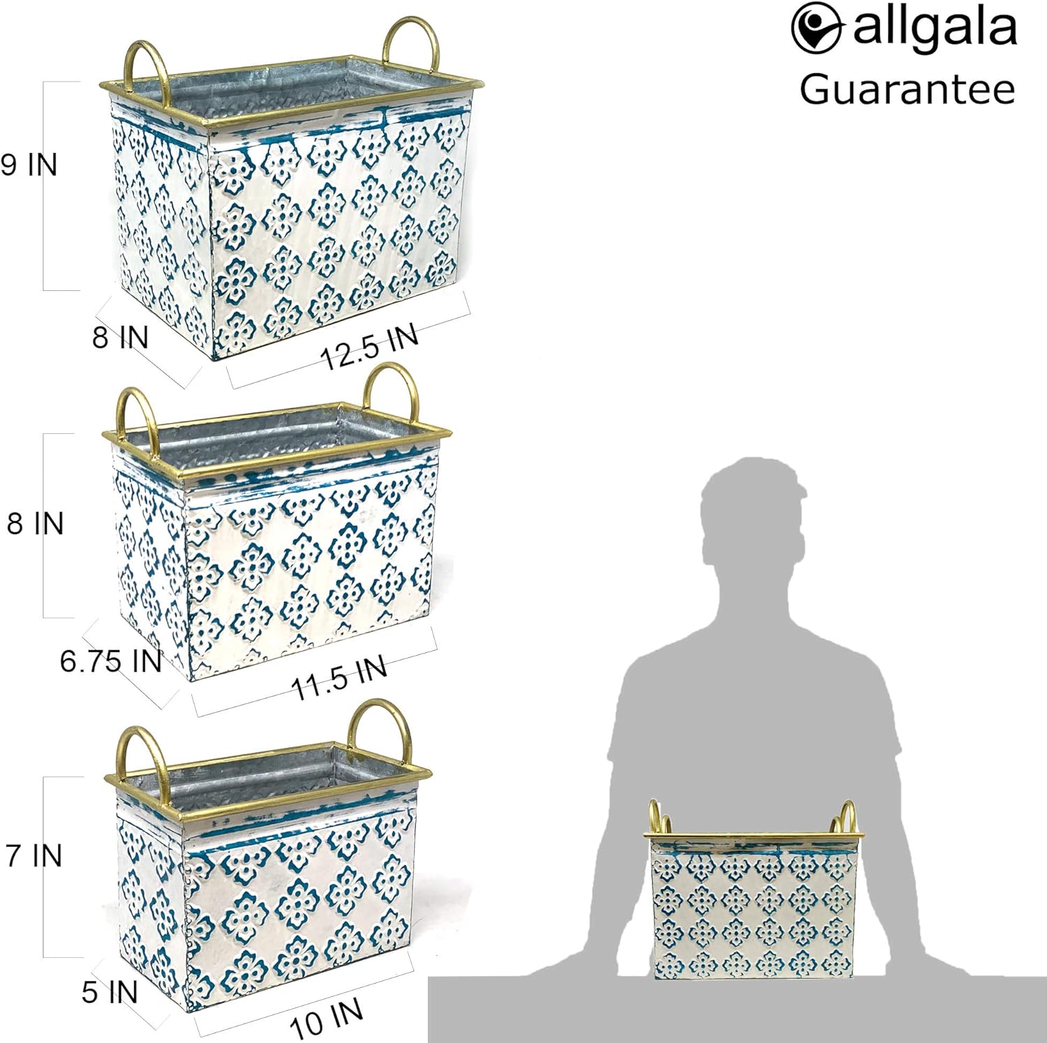 Allgala Juego de 3 macetas galvanizadas con asas, decoración interior y exterior, trébol azul HD88322A