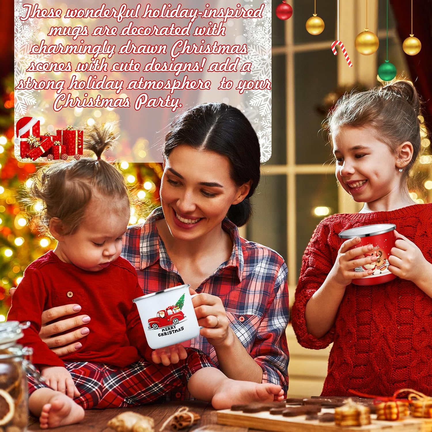 Zhehao 6 tazas de café de Navidad esmaltadas de 12 onzas de Navidad con diseño de feliz Navidad, tazas de café de Navidad para Navidad, café, té,