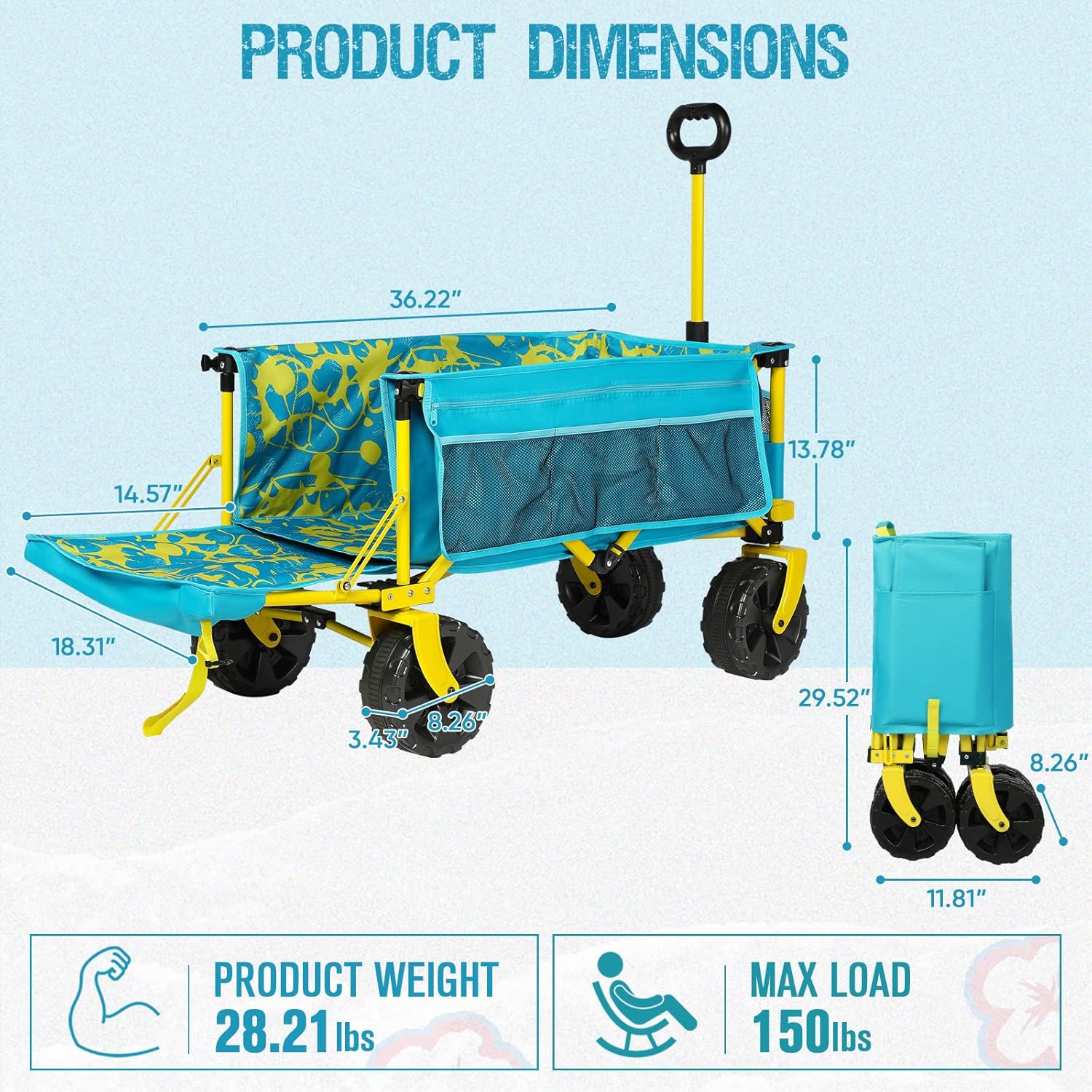 Carro de playa extra largo de 50 pulgadas con ruedas grandes para arena, carrito de playa plegable resistente, ideal para arena al aire libre,