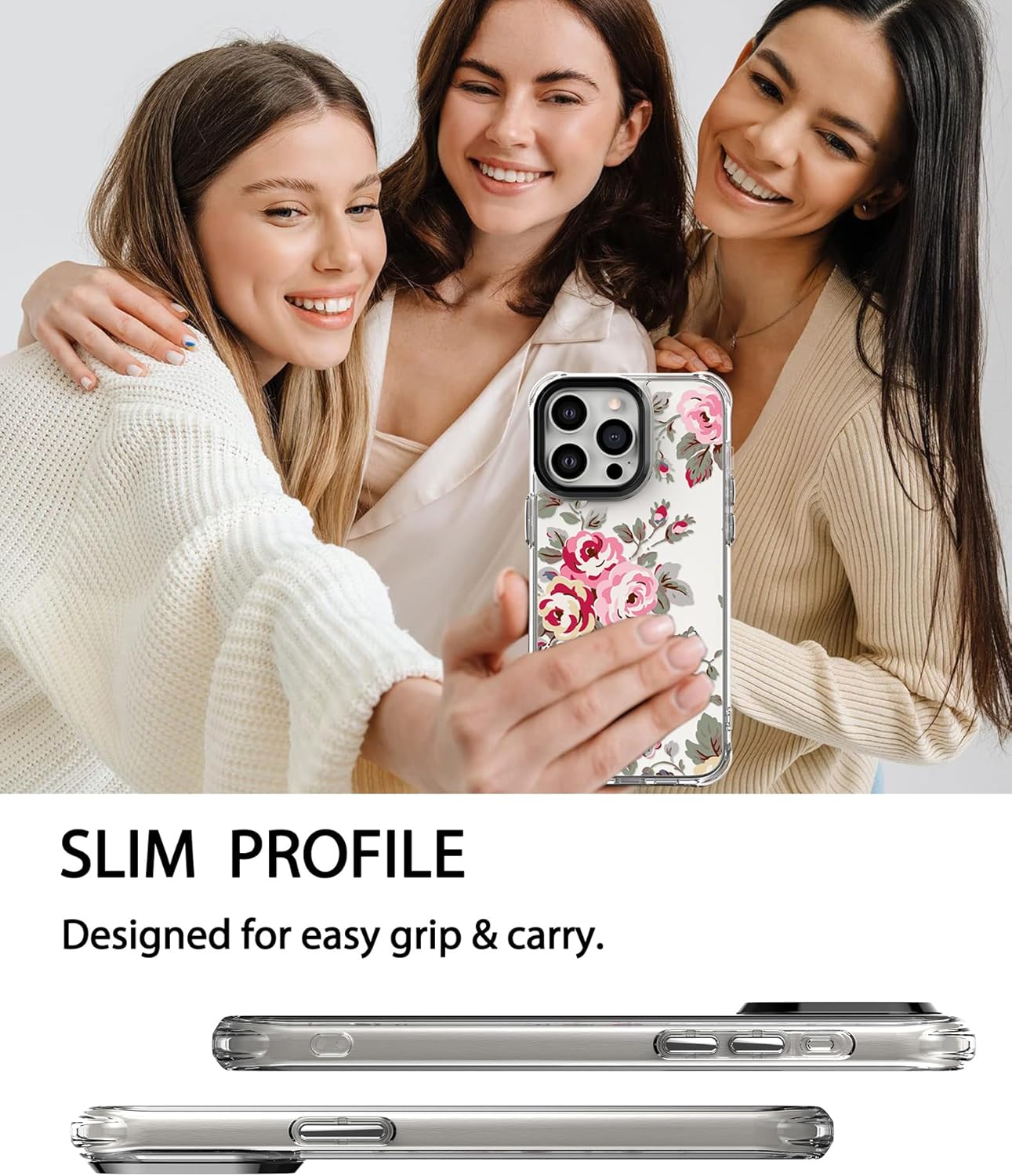 Feitenn Funda para iPhone 15 Pro Max, policarbonato transparente + TPU suave a prueba de golpes, diseño de flores Beatuy Design Case con protector