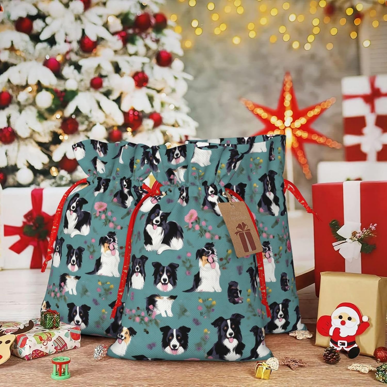 MyPiky Border Collie – Bolsas de regalo de Navidad con estampado floral, bolsas de regalo de 4.7 x 6.9 pulgadas, bolsa de almacenamiento pequeña
