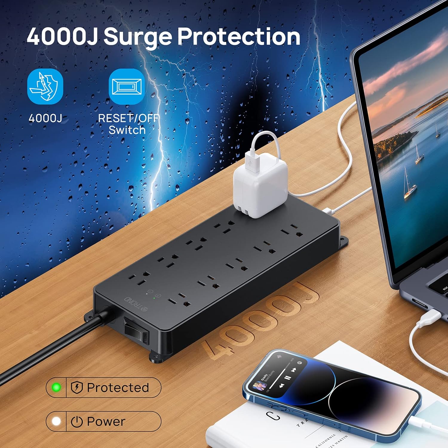 TROND Protector de sobretensión, cable de extensión de enchufe plano de 15 pies de largo, 10 salidas de CA ampliamente espaciadas, 2 puertos USB A y