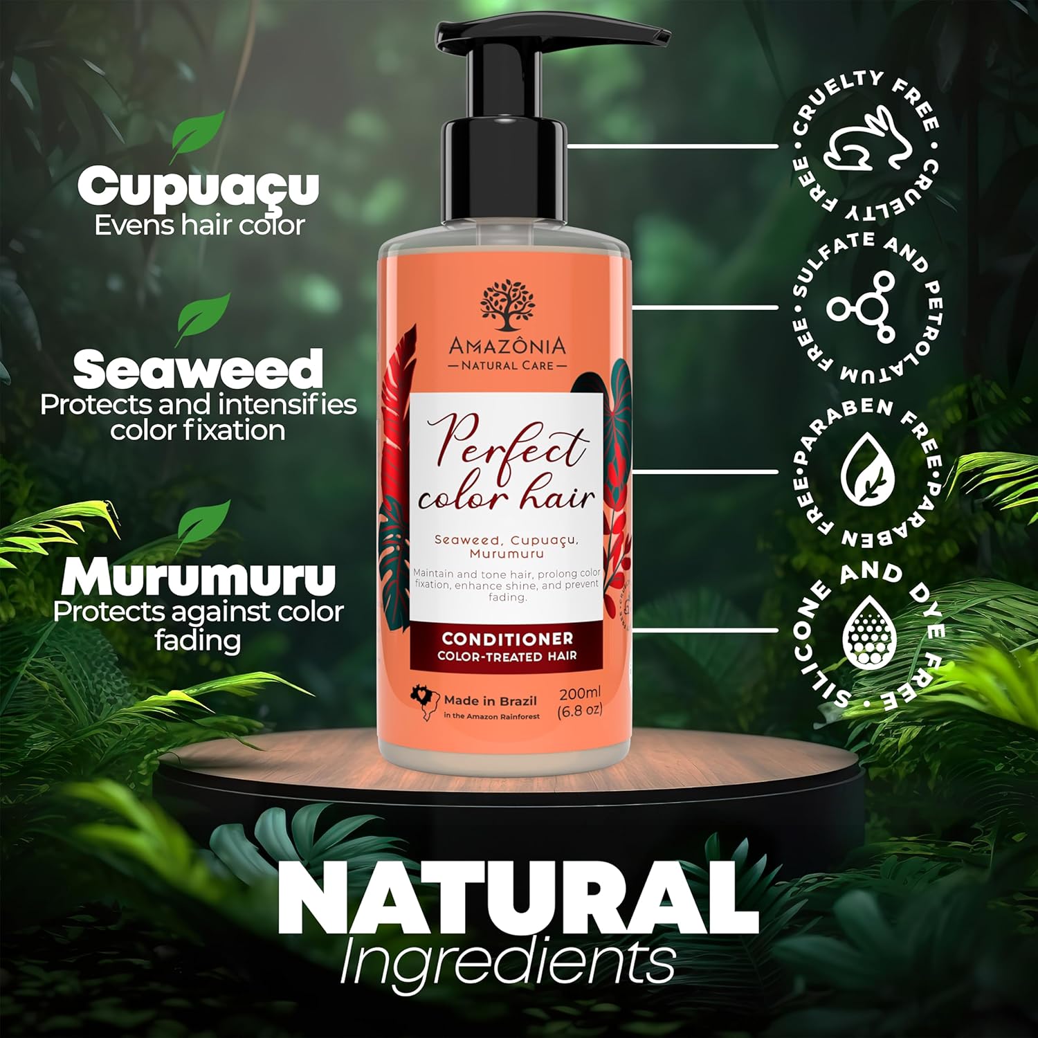 Acondicionador de color natural para hombres y mujeres, acondicionador de cabello seguro para cabello teñido  con algas marinas, cupuacu y murumuru