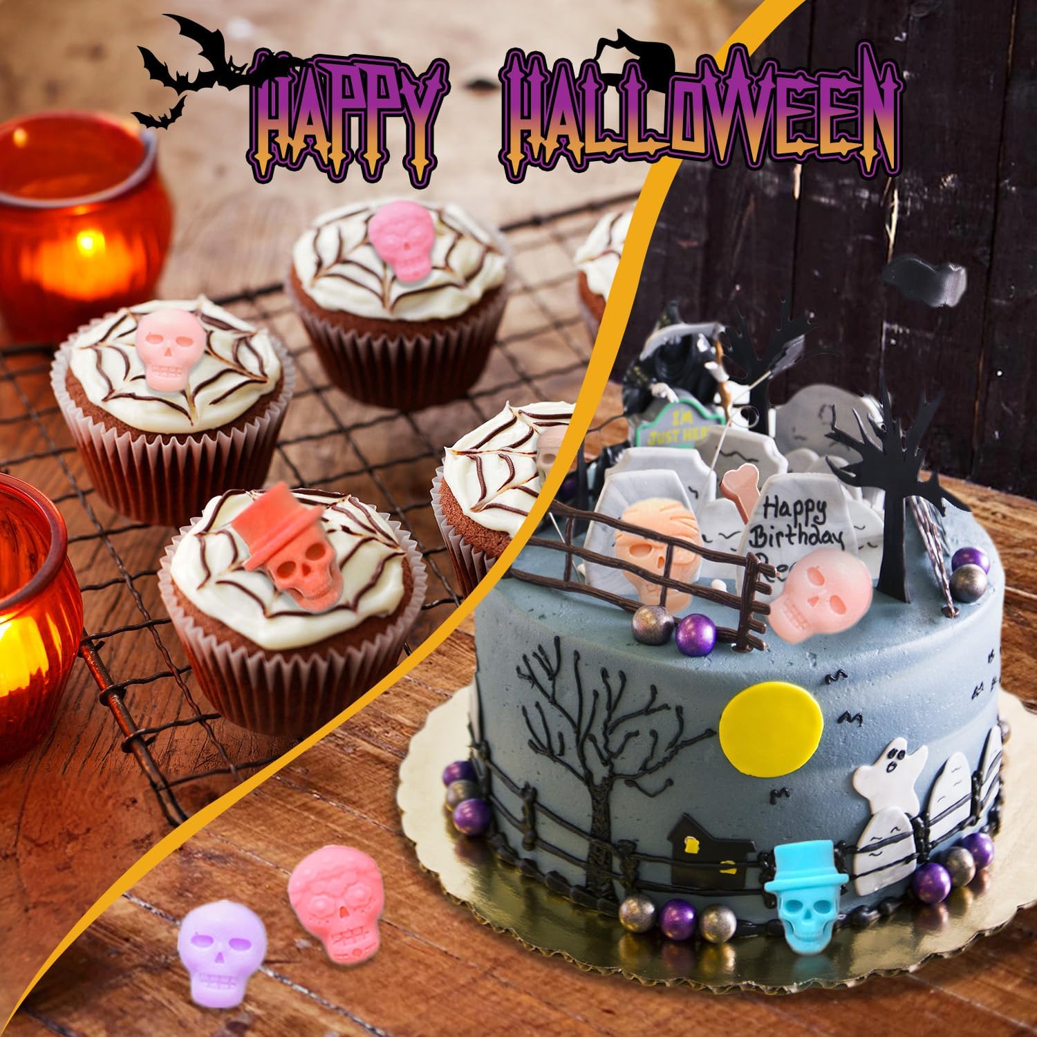 Molde de silicona de Halloween, molde de calavera de azúcar para el Día de los Muertos, paquete de 2 moldes de esqueleto 3D para hornear, chocolate,
