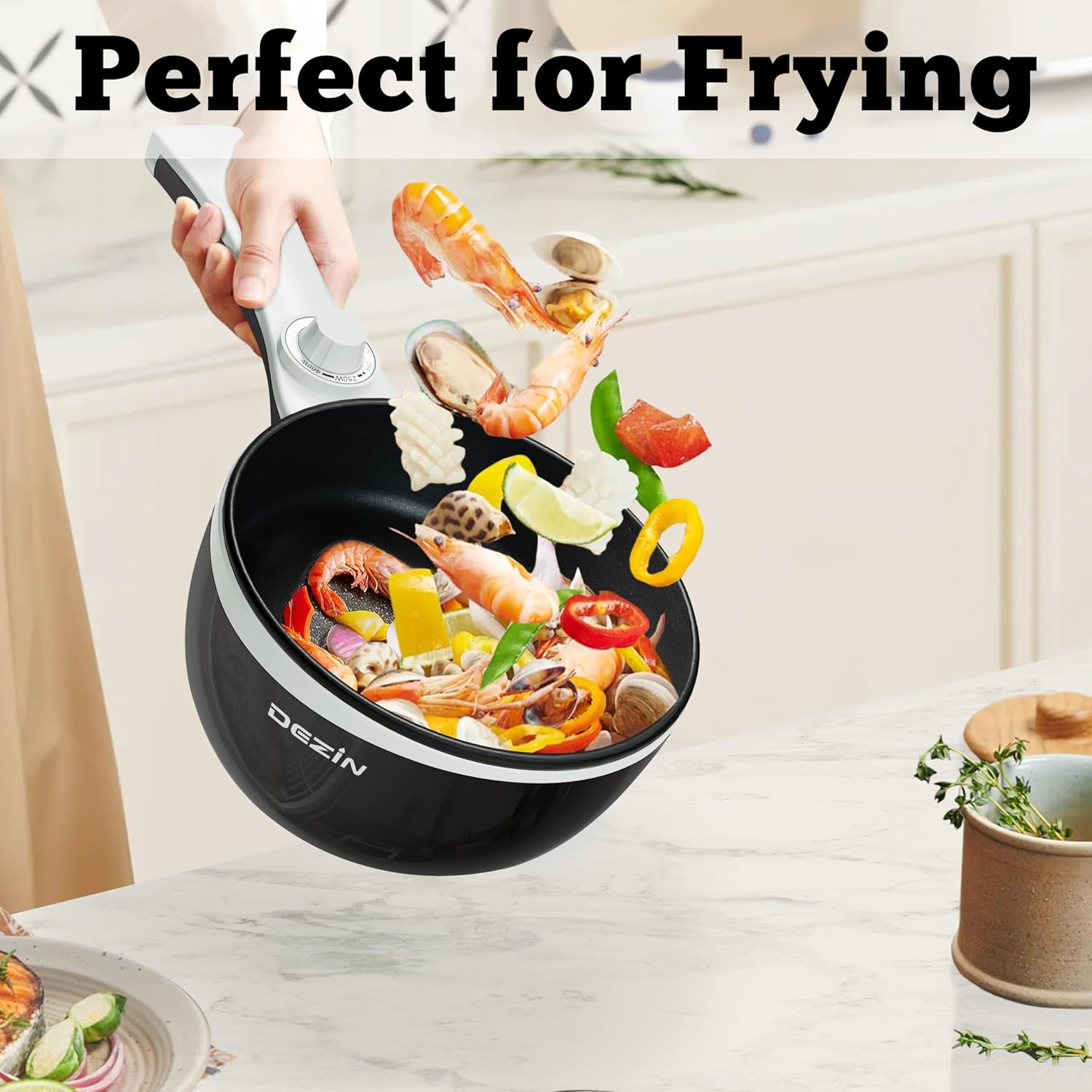 DEZIN Olla eléctrica mejorada, sartén antiadherente, olla eléctrica de fideos rápidos, mini olla caliente portátil de 1.5 litros para carne, huevo,