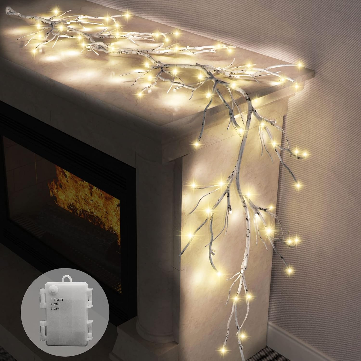 Guirnalda iluminada con ramas de abedul de 6 pies, 48 luces cálidas, guirnalda de abedul iluminada con temporizador, guirnaldas de abedul
