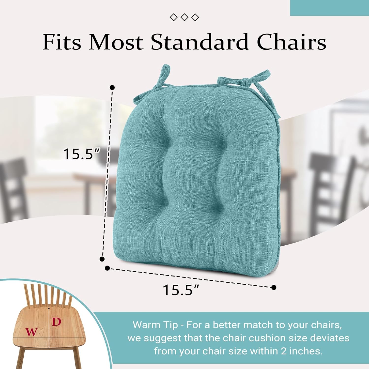 Wellsin Cojines para sillas de comedor, paquete de 4, cojines para sillas de cocina de 15.5 x 15.5 pulgadas con lazos y respaldo antideslizante,