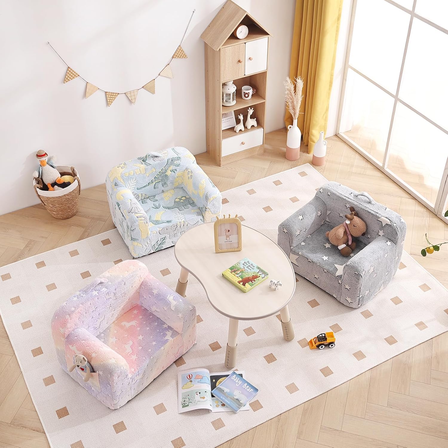 Tiita Sofá para niños, sofá Chirldren con asa de transporte y bolsillos laterales, silla de espuma para niños, silla con reposabrazos para niños,