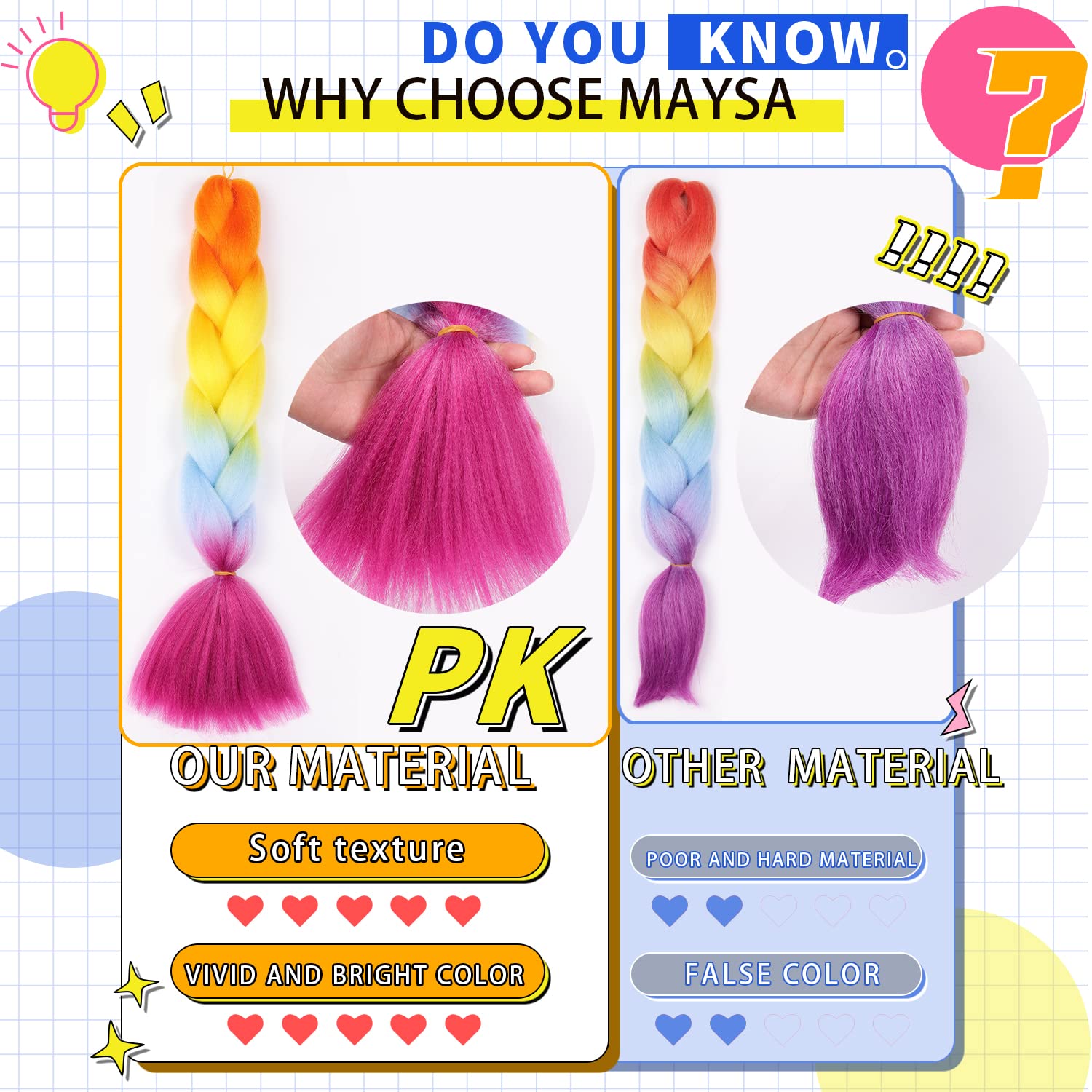 MAYSA Extensiones de cabello trenzado degradado rosa y verde, 24 pulgadas, 3 paquetes, sintético, colorido, preestirado, cabello trenzado jumbo,