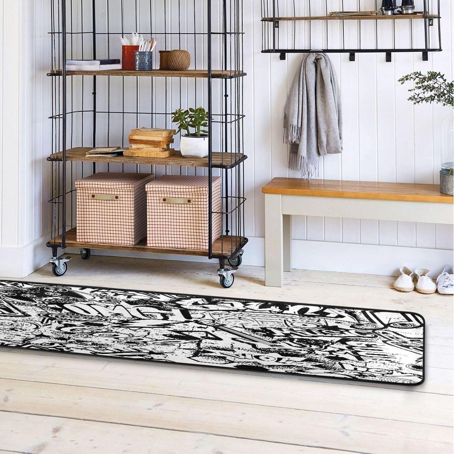 Alfombra de pasillo de graffiti blanco y negro, 24 x 72 pulgadas, ultra suave, antideslizante, lavable, para cocina, baño, entrada y decoración del