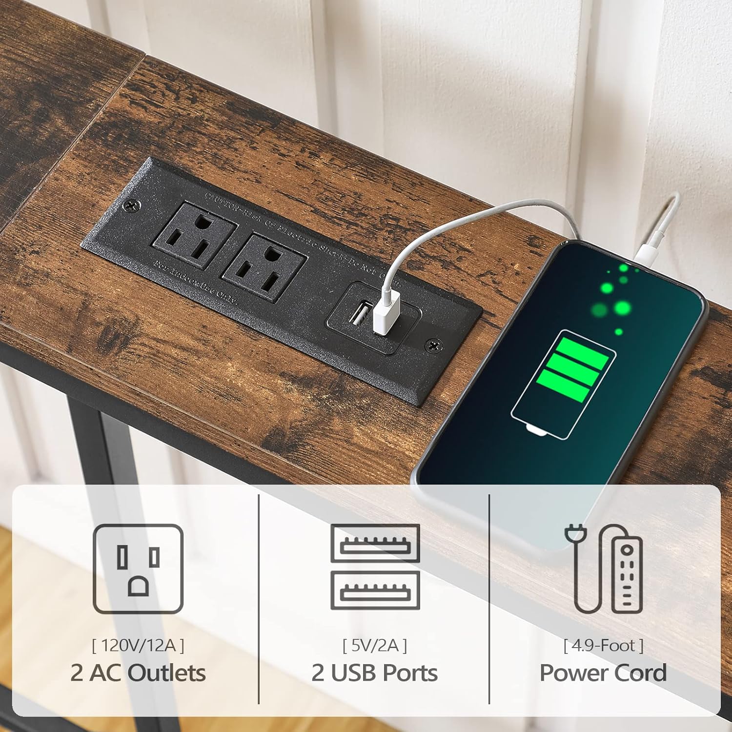 Mesa consola delgada con tomas de corriente, mesa de sofá estrecha de 70.9 pulgadas, mesa detrás del sofá con estación de carga, mesa de pasillo de
