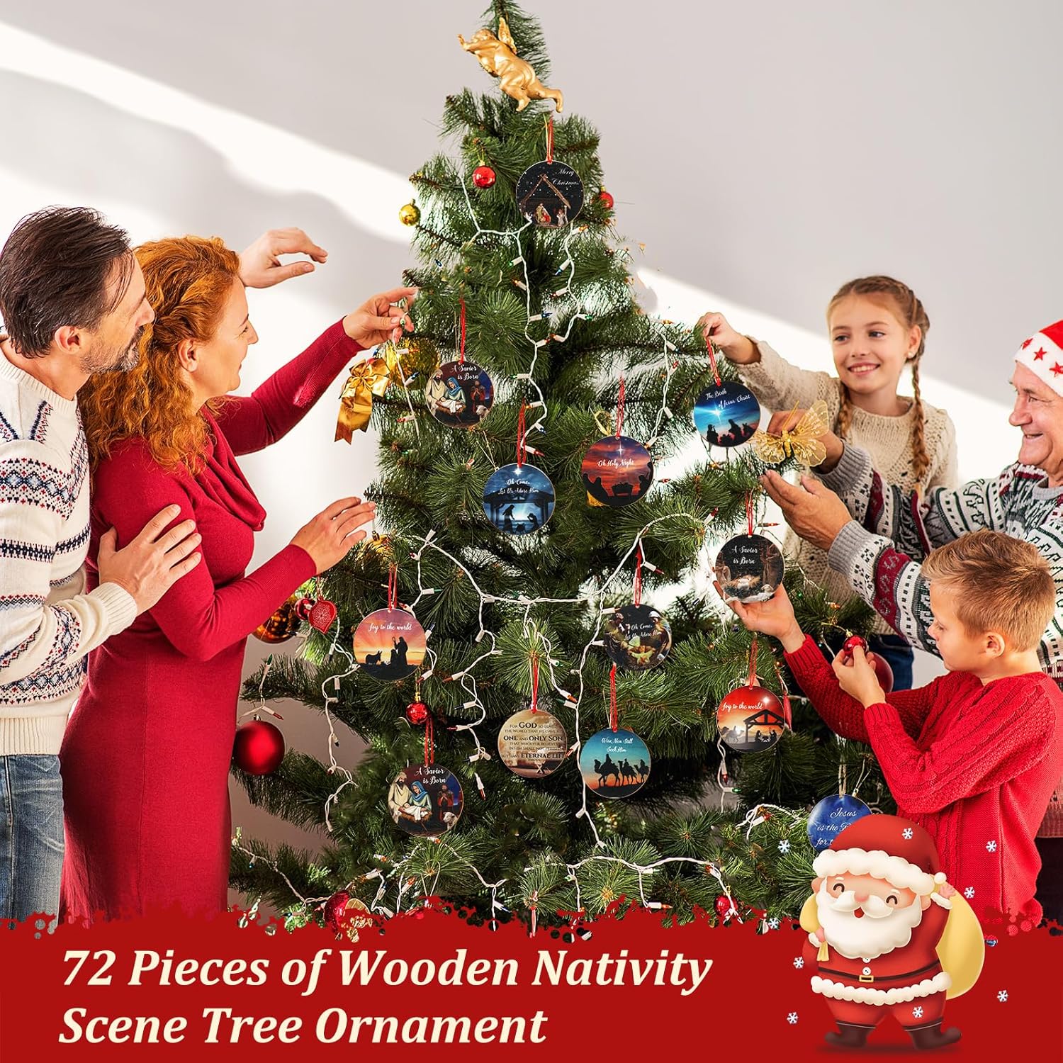 72 piezas de adorno navideño de madera de Jesús, decoración de Navidad cristiana, decoraciones de Navidad religiosas con cuerdas rojas para