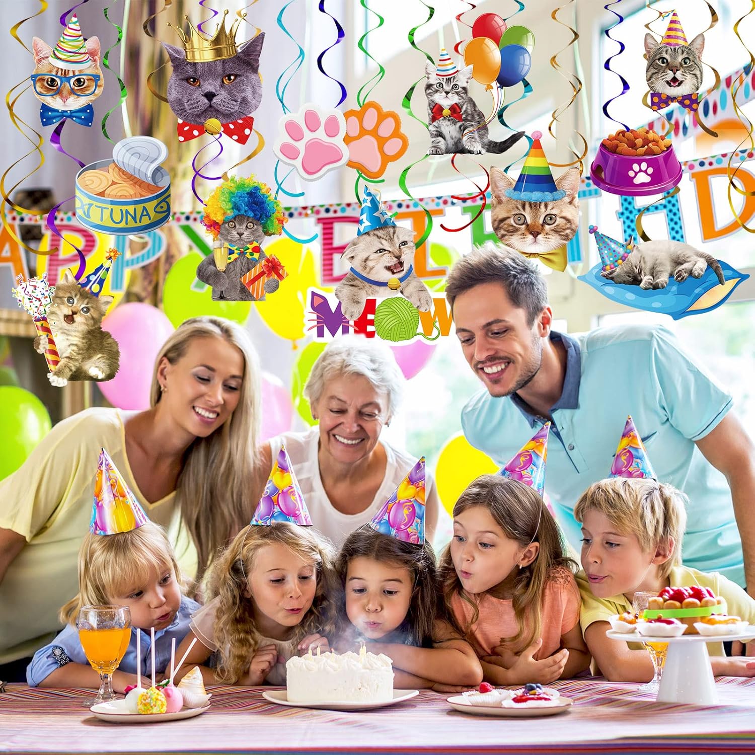 Yisong 46 piezas de decoración de remolino de gato, decoración de fiesta de cumpleaños de miau, remolino colgante para techo de niños, niños, niñas,