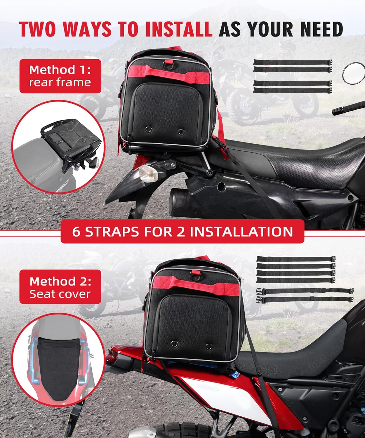 NICECNC Bolsa de equipaje para motocicleta, bolsa de asiento trasero de motocicleta expandible de 53 litros, bolsa universal de almacenamiento para