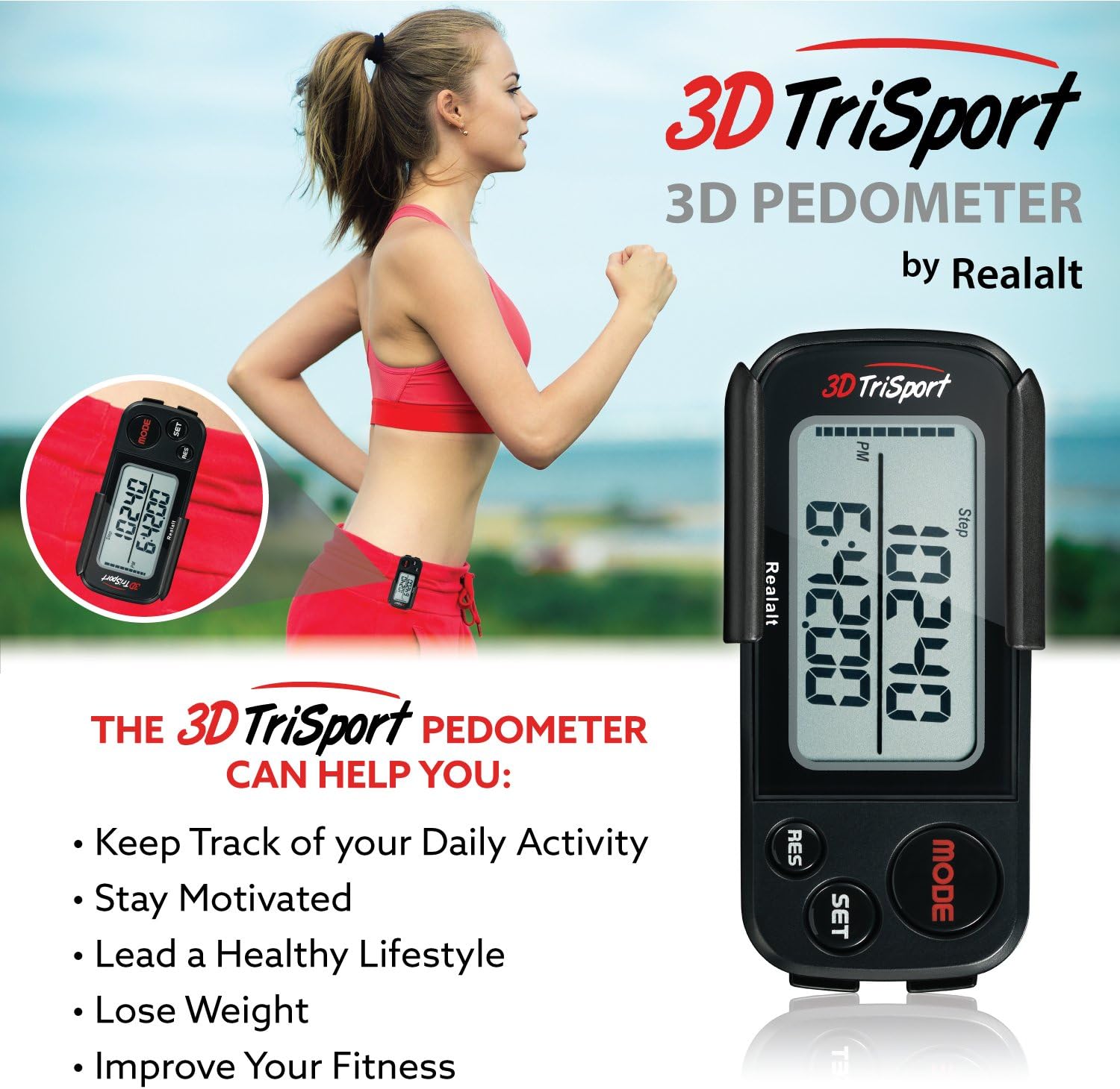3DTriSport – Podómetro 3D para caminar con clip y correa, libro electrónico gratuito  30 días de memoria, contador de pasos preciso, distancia a pie