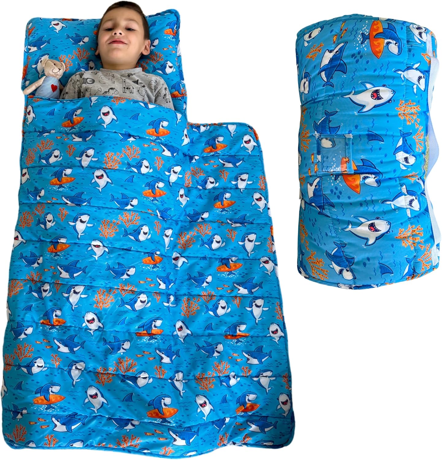 Tapete para siesta para niños pequeños con almohada extraíble, manta ancha. Extra suave, largo saco de dormir enrollado de 55 x 21 pulgadas. Tapete