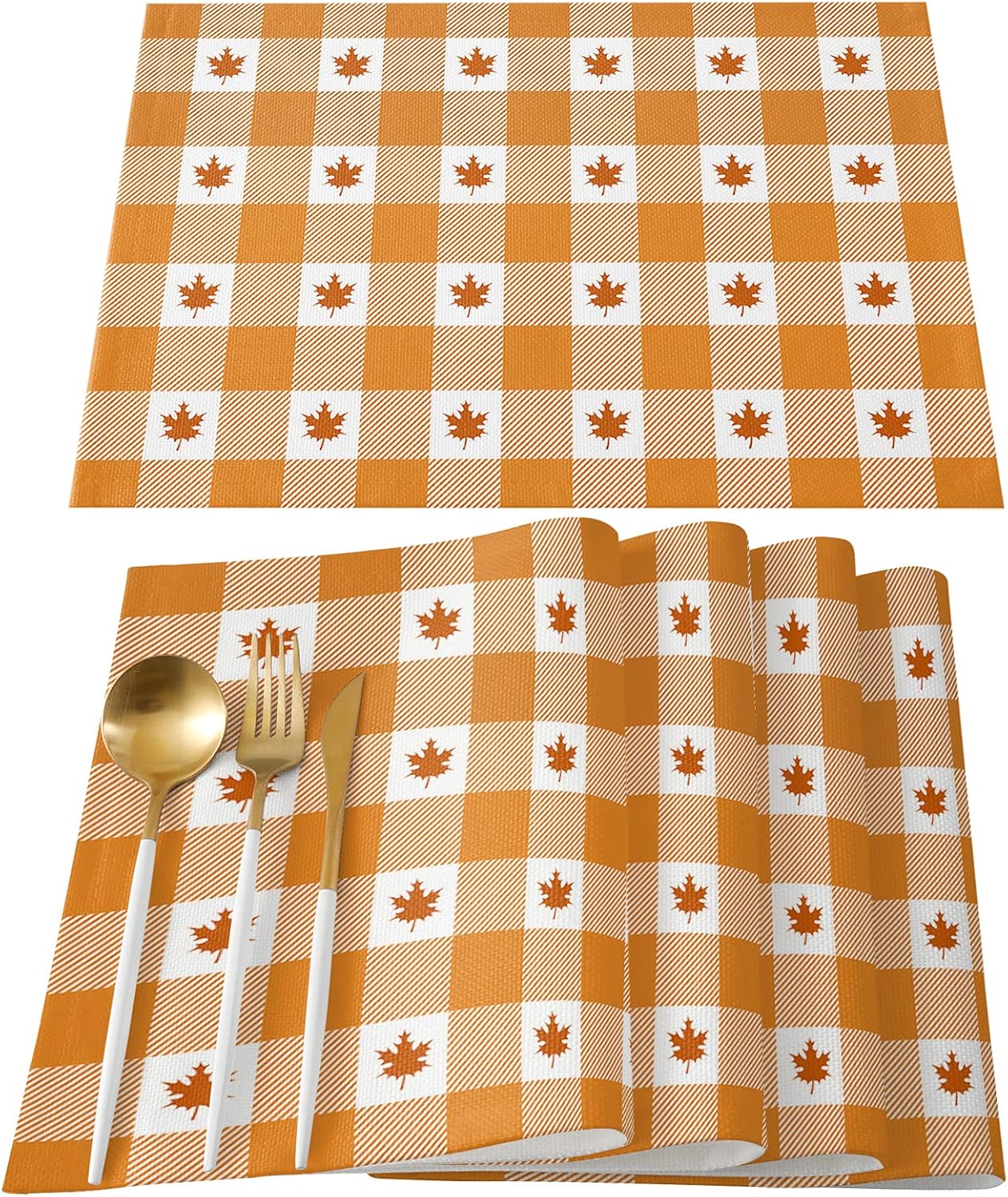 Juego de 6 manteles individuales de otoño para el día de Acción de Gracias, hojas de arce, color naranja y blanco, a cuadros, resistentes al calor,