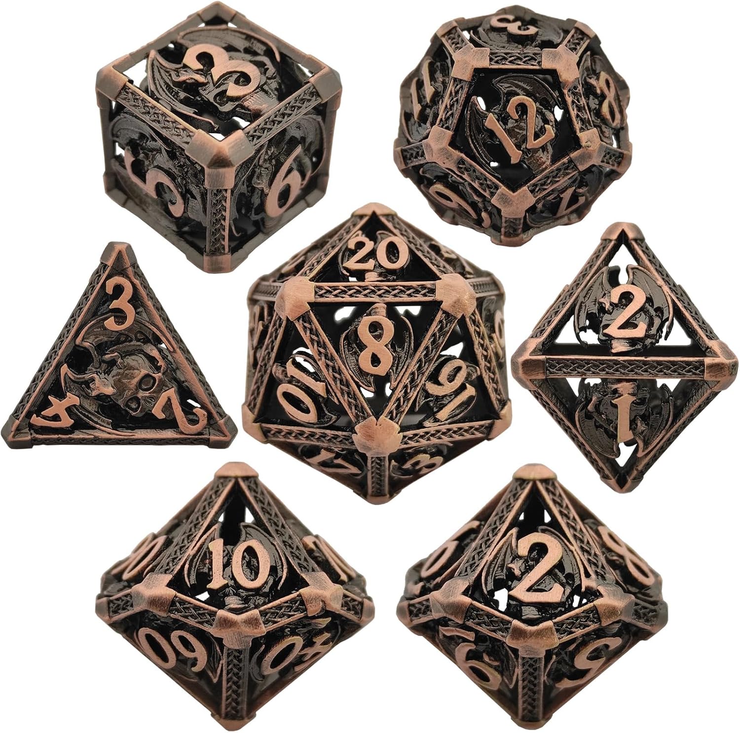 AHDKEJG DND – Juego de dados D&D, 7 piezas de metal hueco de mazmorras y dragones poliedro con bolsa de dados de regalo, RPG, MTG, juego de rol,