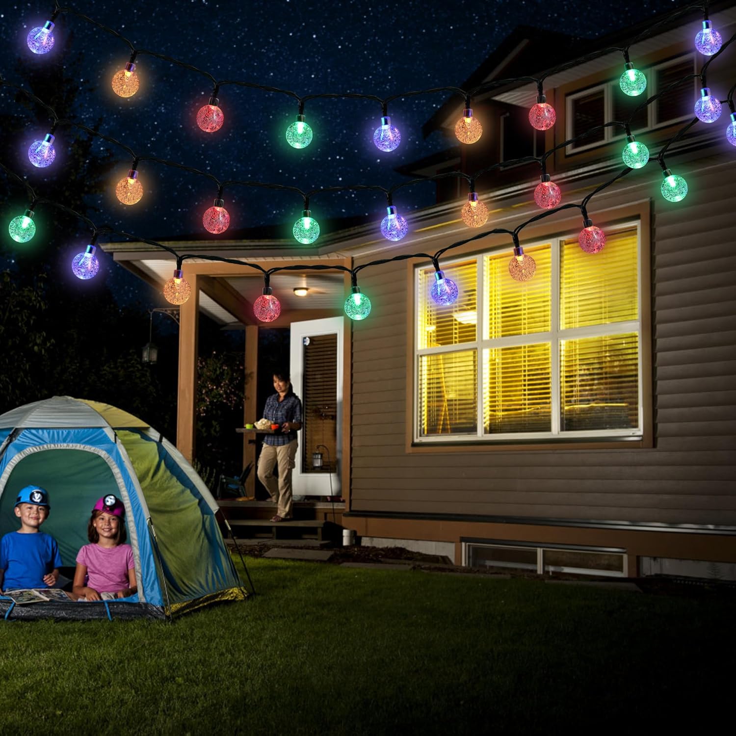 Guirnalda de luces solares para exteriores, 100 luces LED de 40 pies de globo de cristal multicolor, 8 modos, luces solares impermeables, para