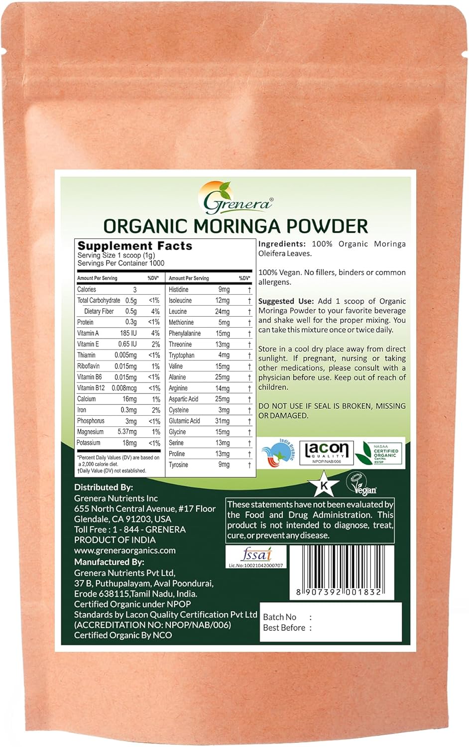 Grenera Polvo de moringa orgánica  2.2 libras (35.2 onzas)  Polvo de hoja de Moringa oleifera probado en laboratorio para pureza  Moringa en polvo