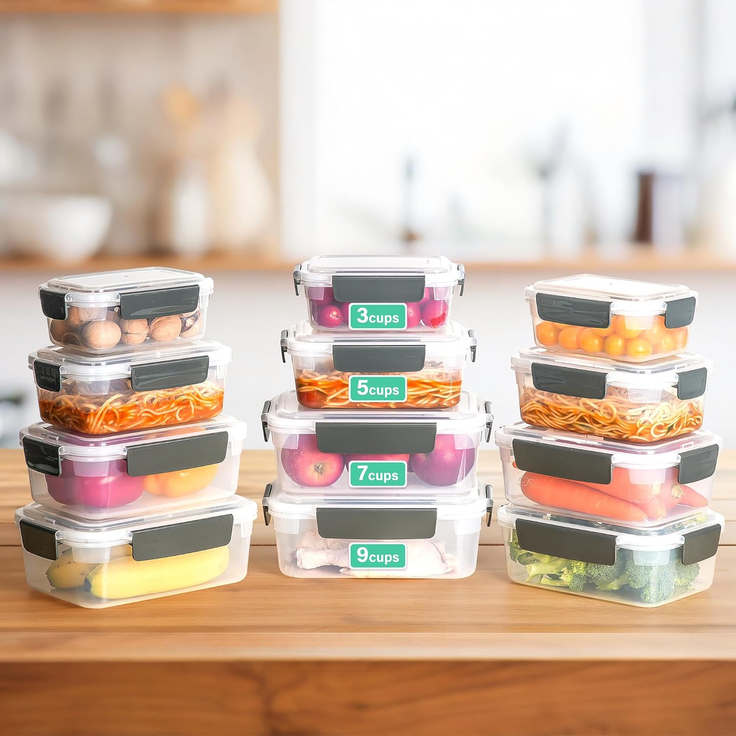 Recipientes de almacenamiento de alimentos sin BPA con tapas, 5 tazas de plástico extra grueso para congelador, sobras de comida preparada,