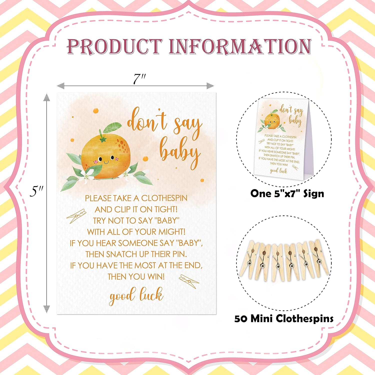 Juego de pinzas para ropa de bebé, juego Little Cutie Baby Shower, un letrero de 5 x 7 y 50 mini pinzas naturales para la ropa, género neutro,