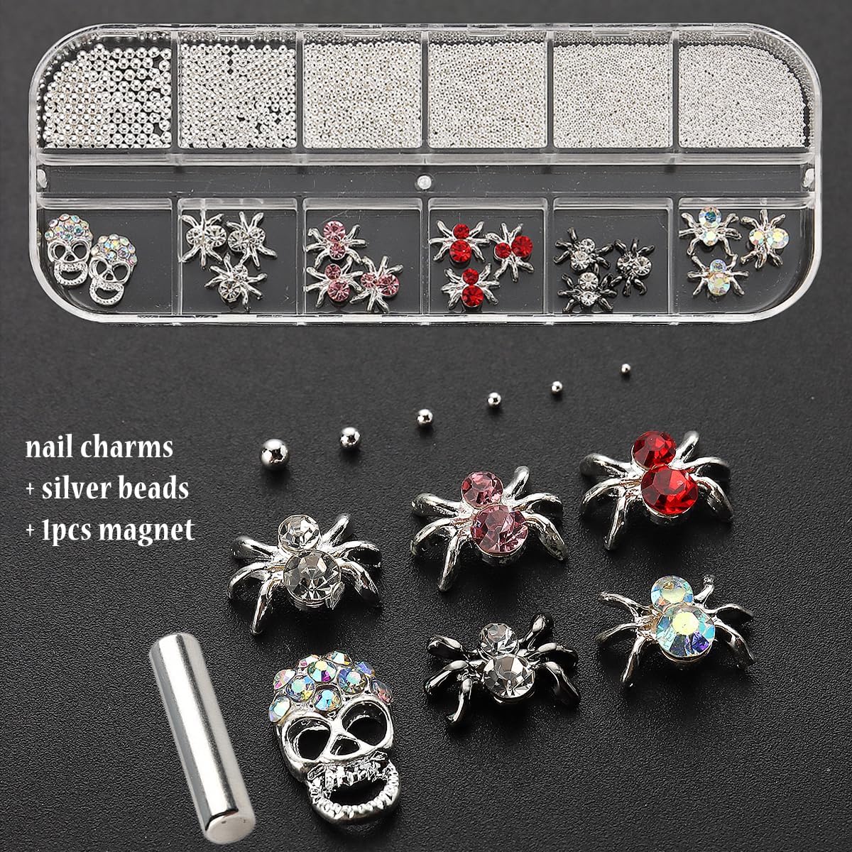 Dijes de uñas de Halloween 3D, dijes de uñas de araña, decoración espeluznante de arte de uñas de calavera de Halloween, dijes de esqueleto, cuentas