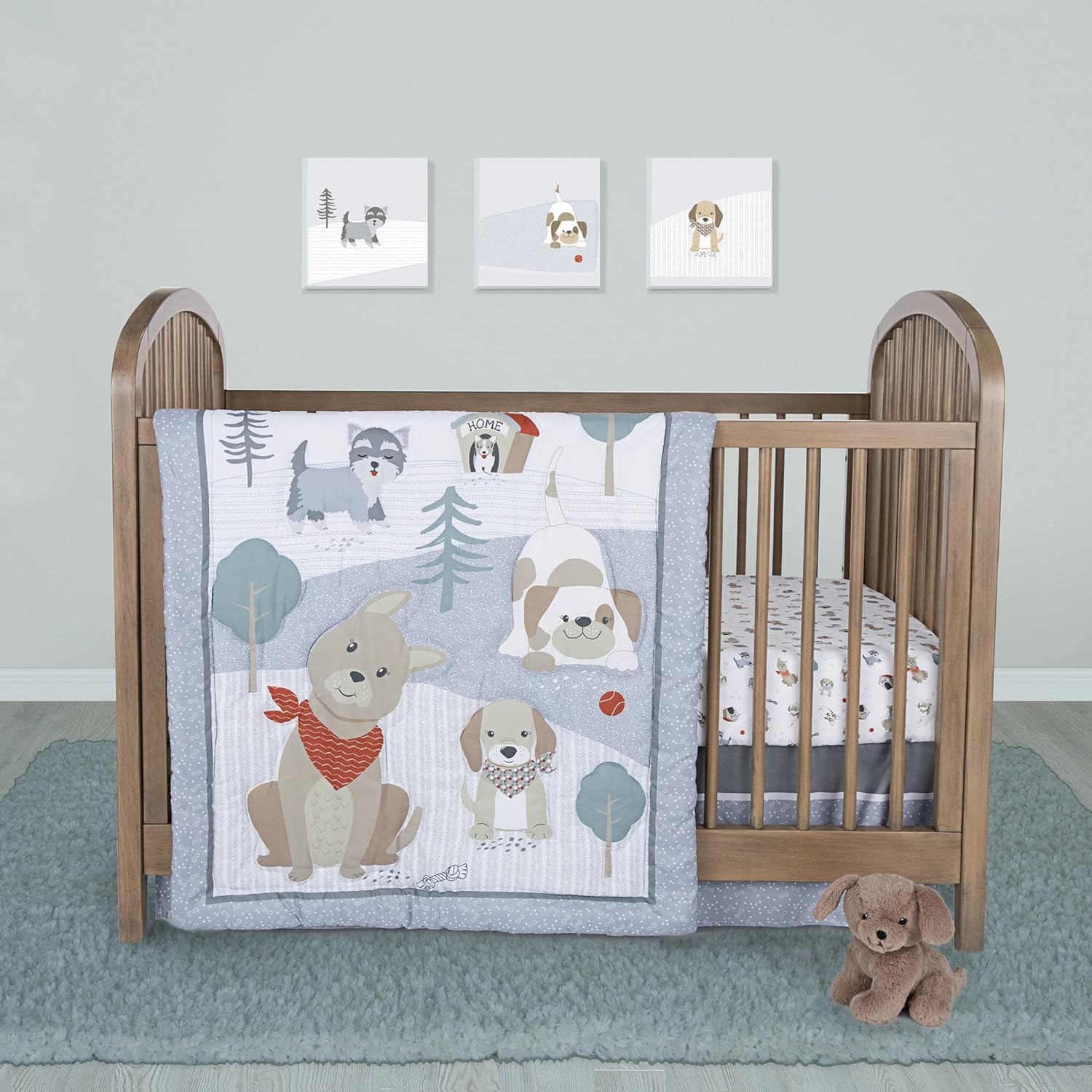 Sammy & Lou Fur-Ever Friends – Juego de ropa de cama para cuna de bebé de 4 piezas, incluye edredón, sábanas bajeras para cuna neutrales, falda de