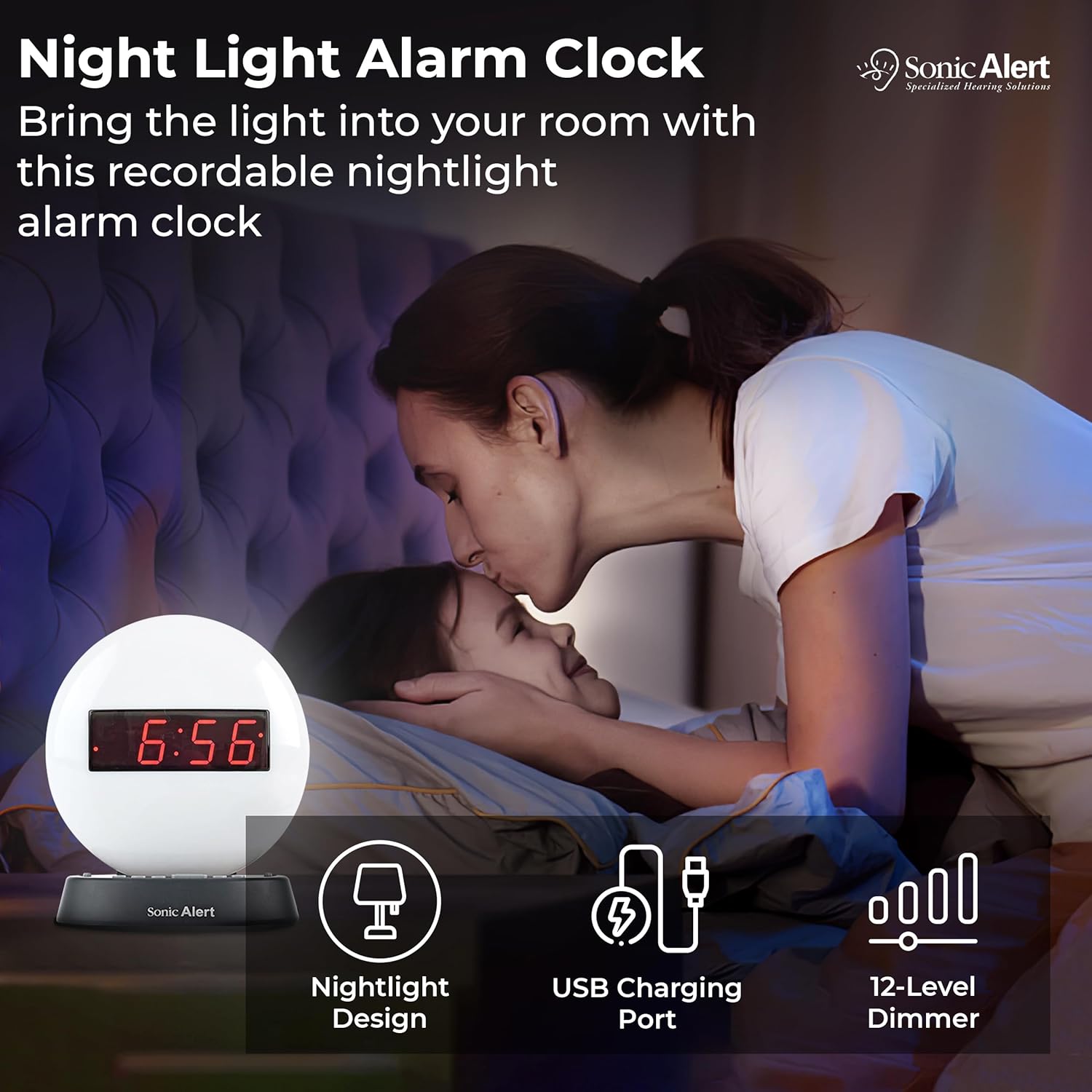 Sonic Alert Glow Soft White Night Light Alarm Clock – Loud & Compact Alarm Clock for Bedroom – Battery Backup & Full Range Dimmer – Easy to Set
